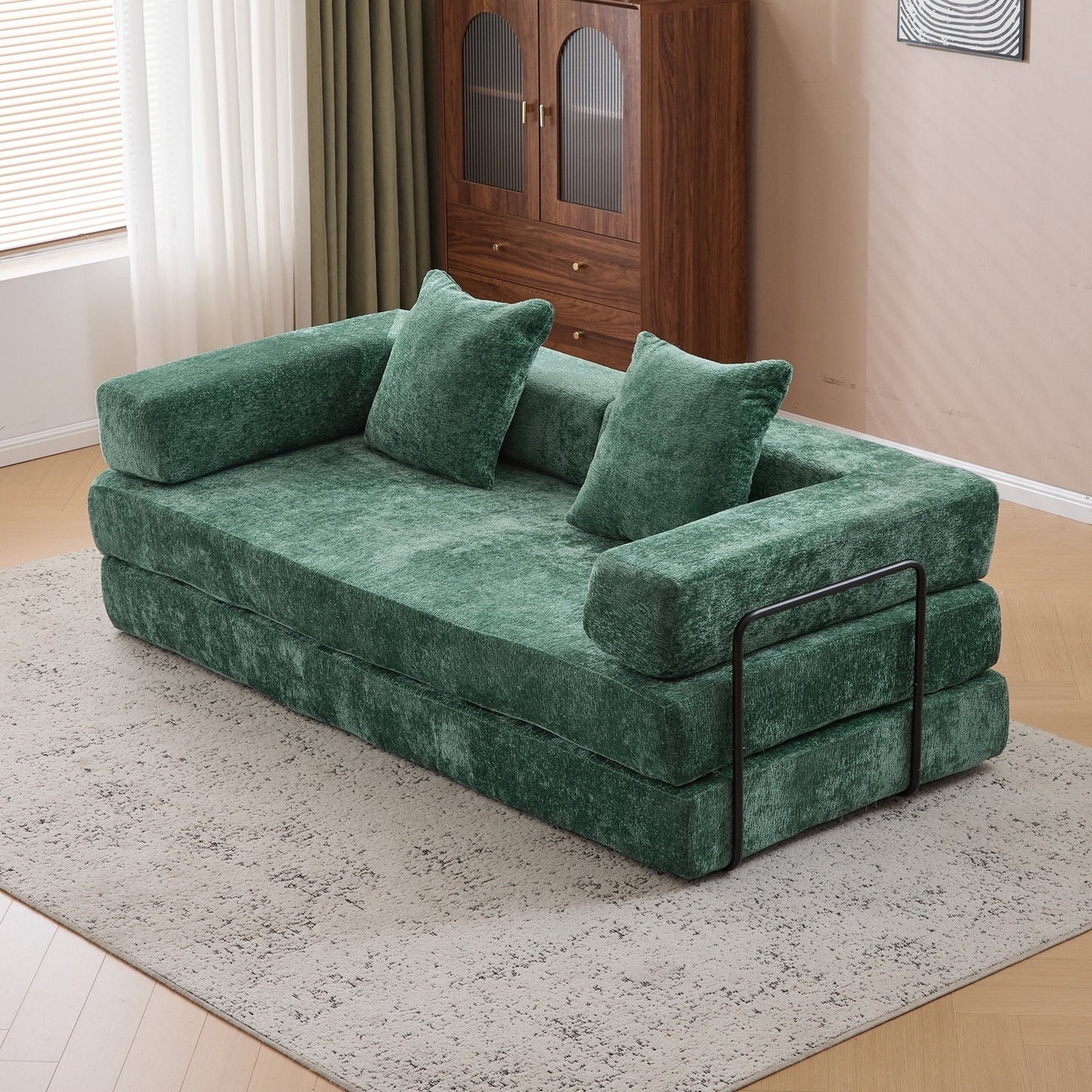 NEW Dark Green Chenille Fabric Floor Compression Convertible Sofa Bed