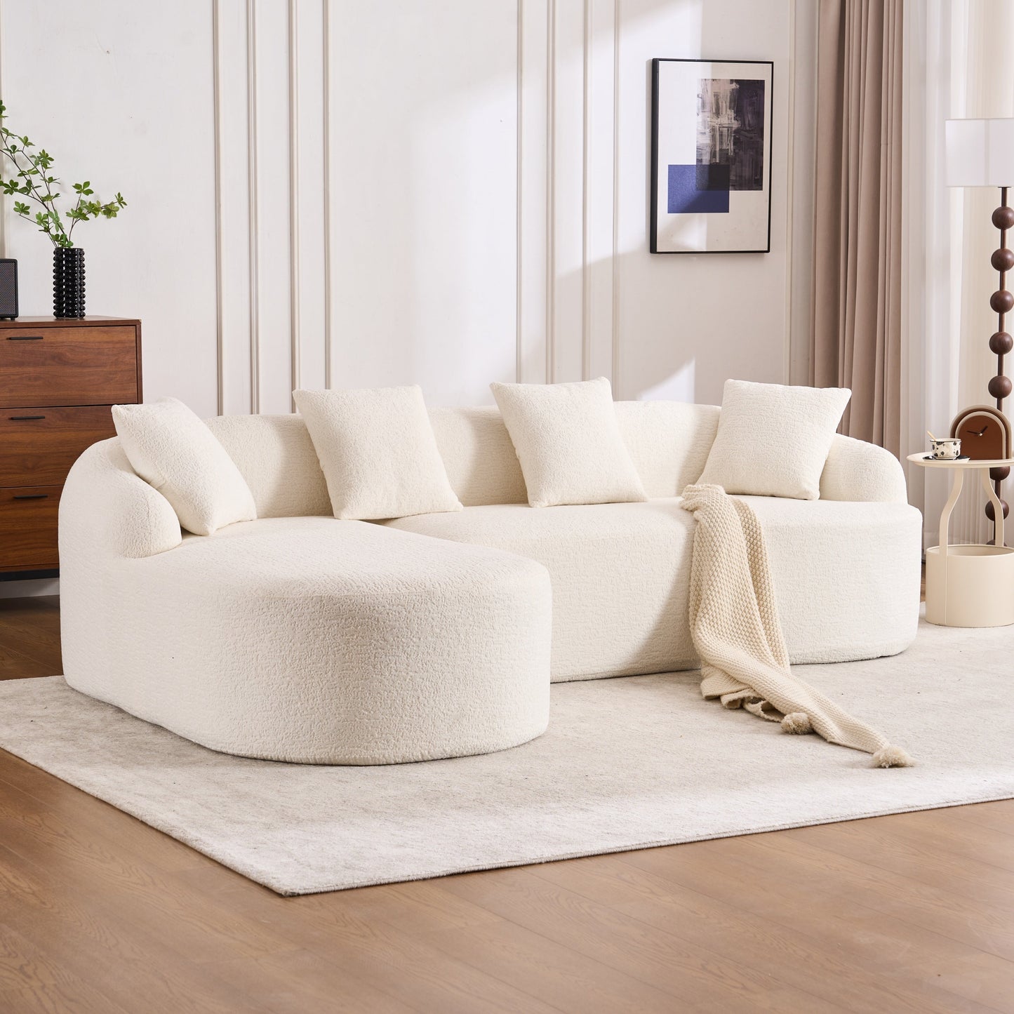 NEW Boneless L-Shape Sectional Sofa White Modular Chenille Compression 30D High-Density Foam Minimalist Modular Couch Sleeper with Curved Chaise