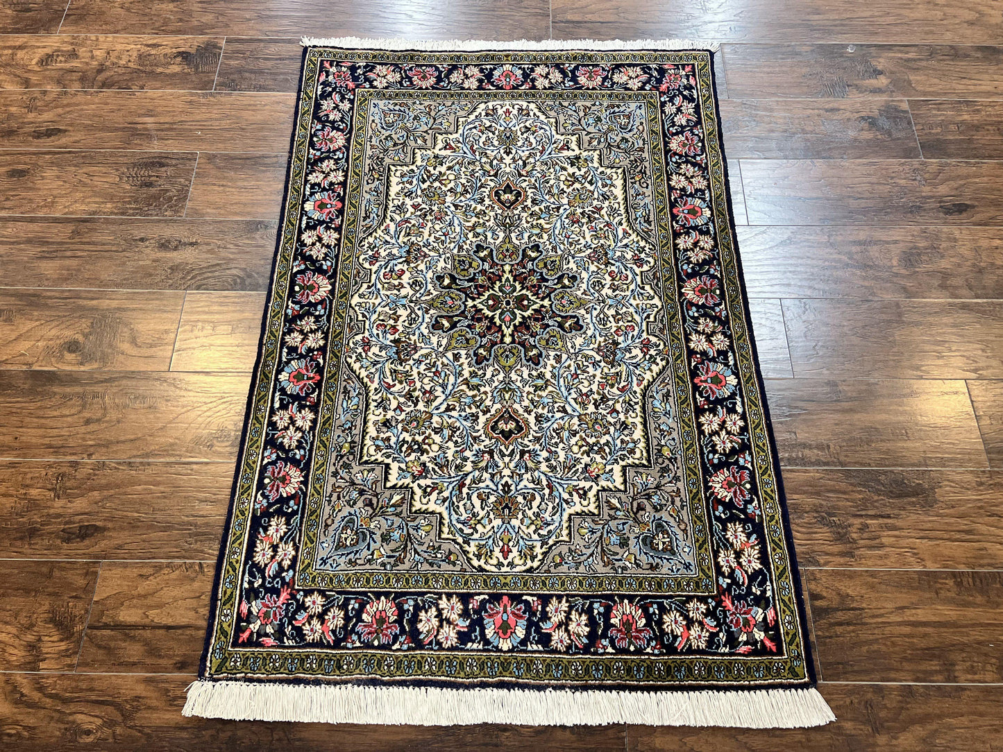 USED Persian Qum Rug 3x5, Wool with Silk Highlights, Handmade Semi Antique Carpet, Ivory & Navy Blue, Floral Medallion, Finely Hand Knotted