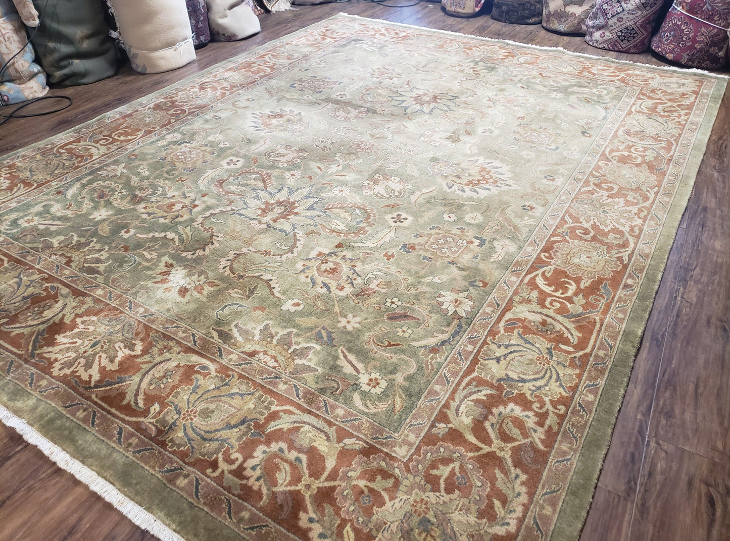 USED Vintage Indo Mahal Area Rug 9x12, Wool Hand-Knotted Laurel Green & Auburn Indian Carpet, 9 x 12 Floral Carpet, Living Room Rug