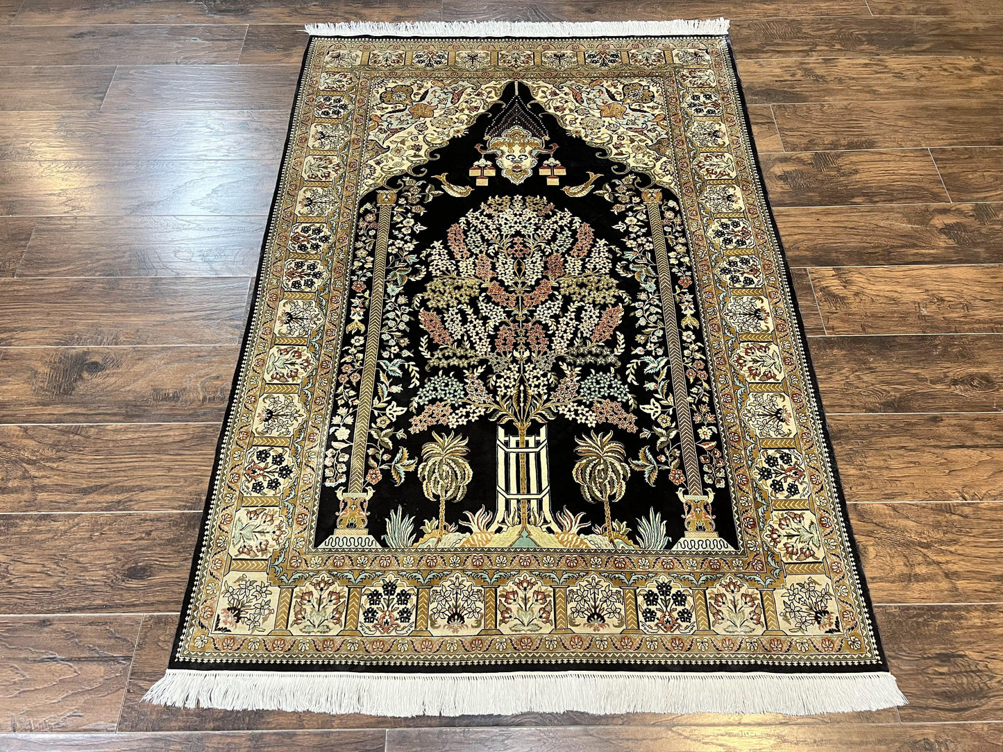 USED Wonderful Sino Persian Silk Rug 4x6, Tree of LIfe Design, Masterpiece 575 KPSI, Birds, Prayer Rug, Black, Silk on Silk
