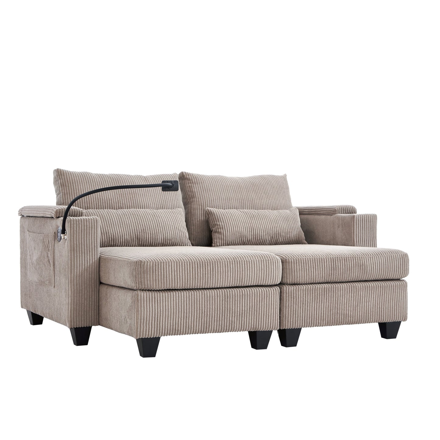 NEW Convertible Chaise Lounge 63' Loveseat Sofa Bed with USB Ports, Cup Holders, Phone Holder, Storage, Brown Corduroy