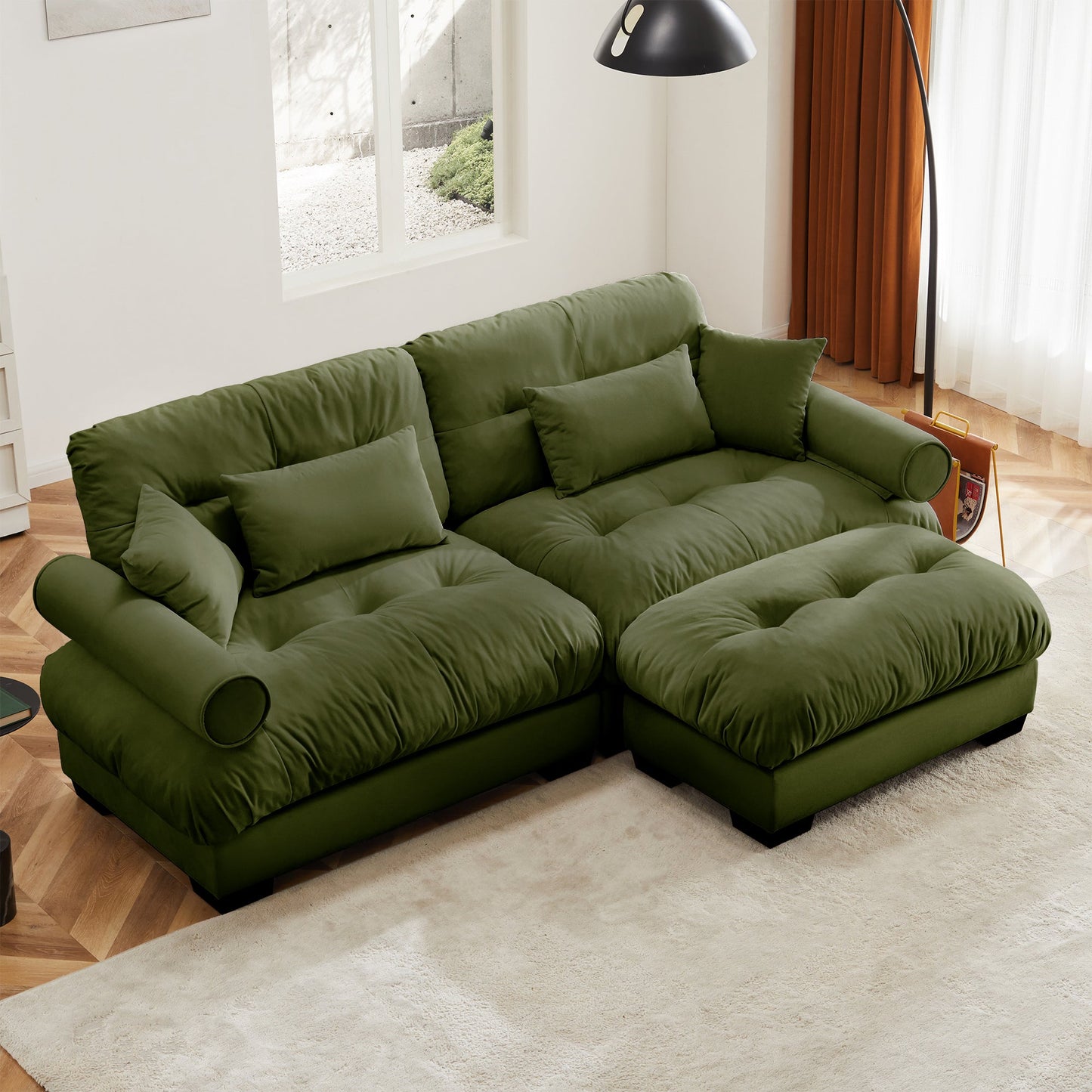 NEW Modern Oversized Velvet Two-Seater Sofa with Ottoman and Round Bolster Armrests in Olive Green