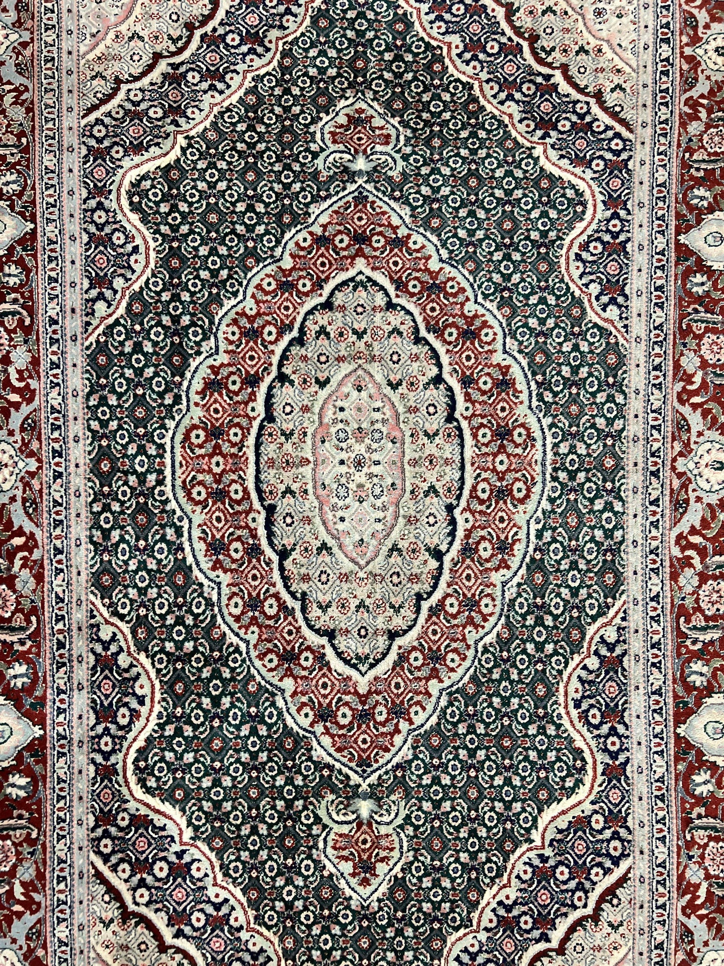 USED Sino Persian Rug 4x6, Wool with Silk Highlights, Fine Hand Knotted Carpet, Green & Maroon Red, Herati Medallion, Vintage Rug