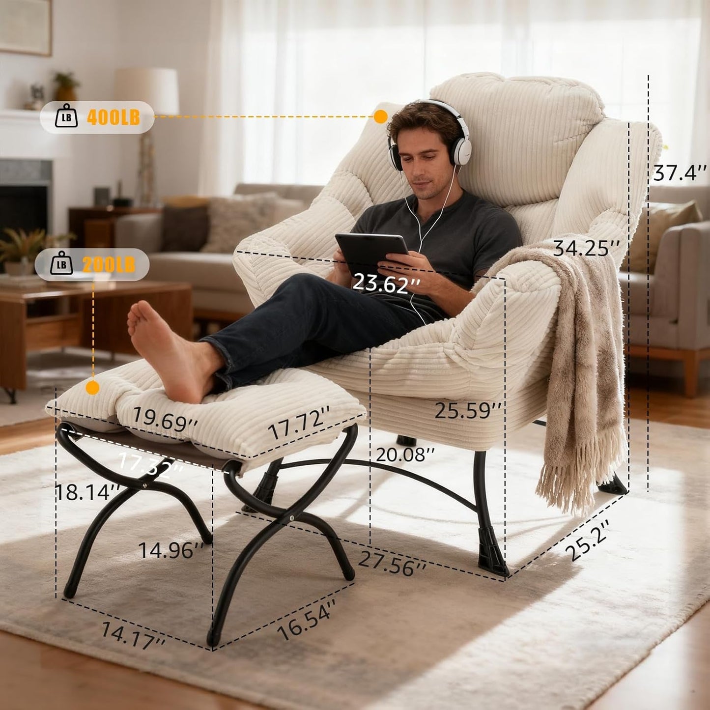 NEW Large Corduroy White Armchair With Ottoman Footrest