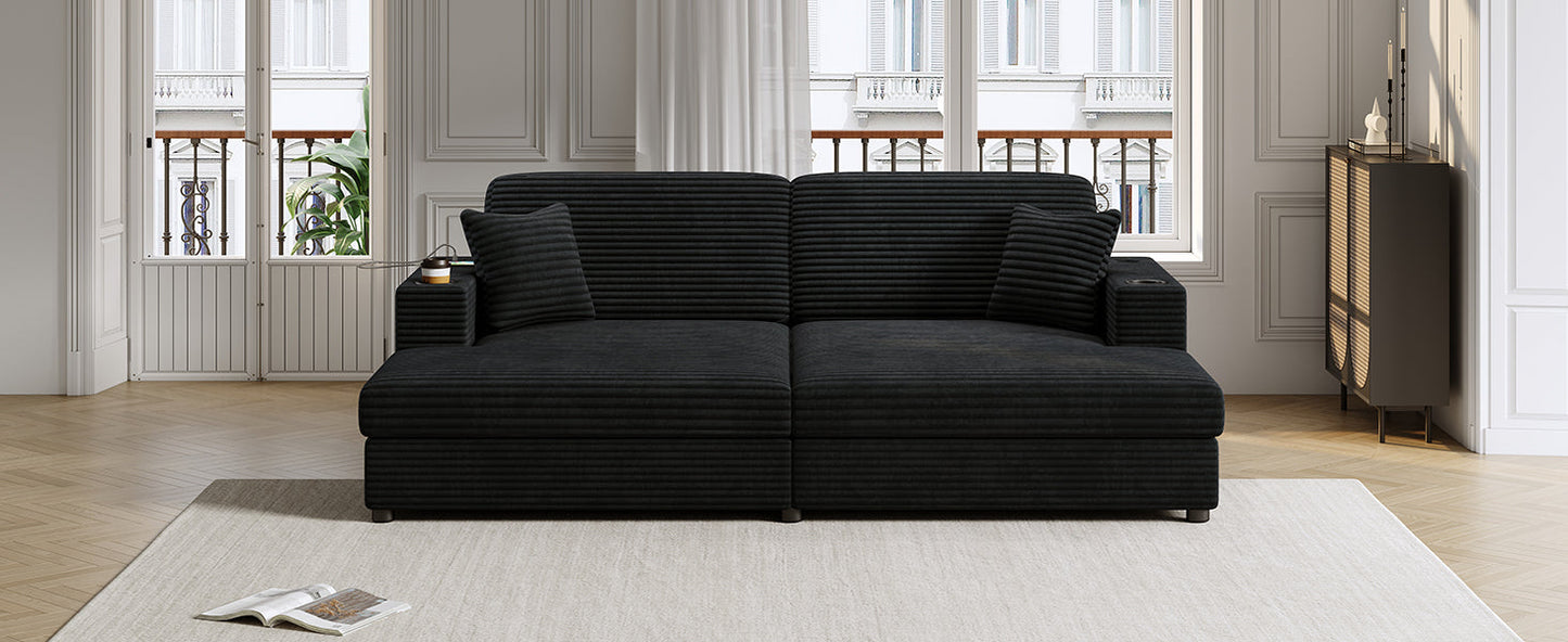 NEW Black Corduroy Oversized Loveseat Chaise Lounge Sectional Sofa Bed with USB Ports Cup Holders and Pillows