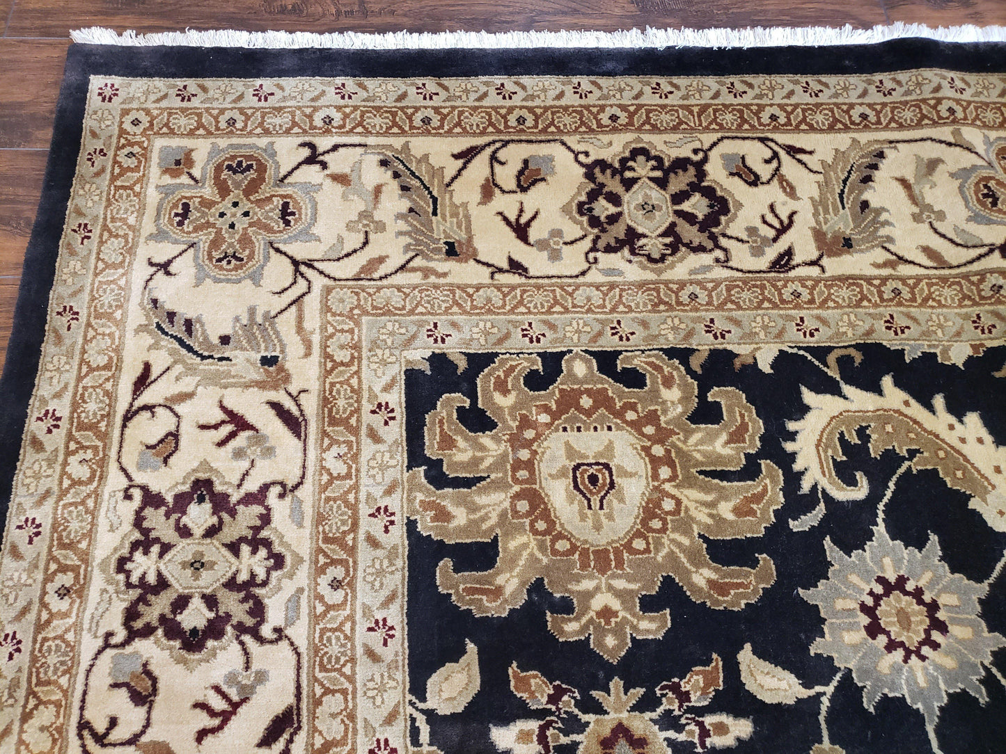 USED Indo Mahal Rug 8x12, Indian Sultanabad Handmade Area Rug, Vintage Hand-Knotted Wool Black Floral Traditional Oriental Dinning Room Rug