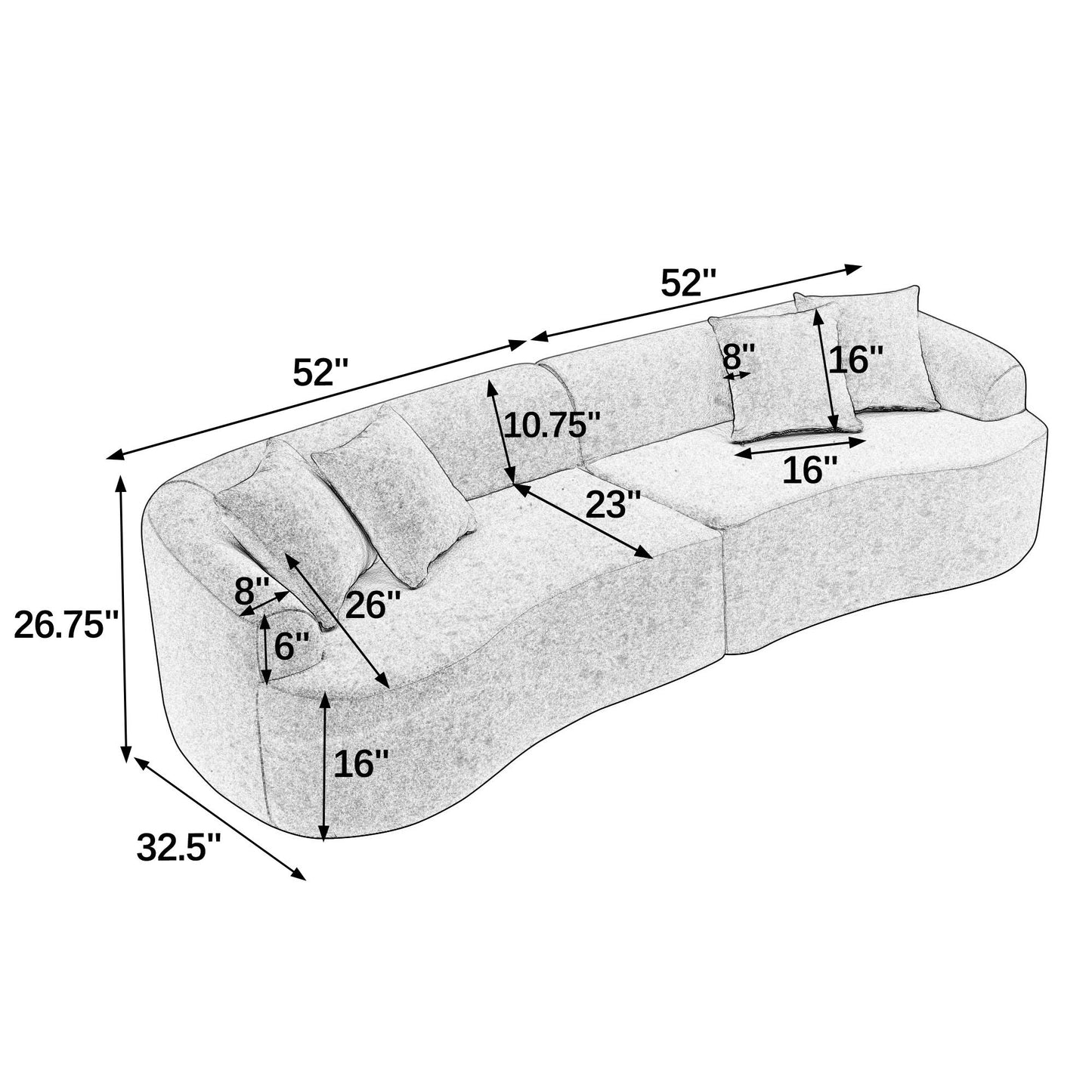 NEW Curved Modular Sectional Sofa in Lamb's Wool Fabric, Modern Minimalist Style, Compressed (No Assembly Required), Comfy for Living Room & Bedroom - Gray