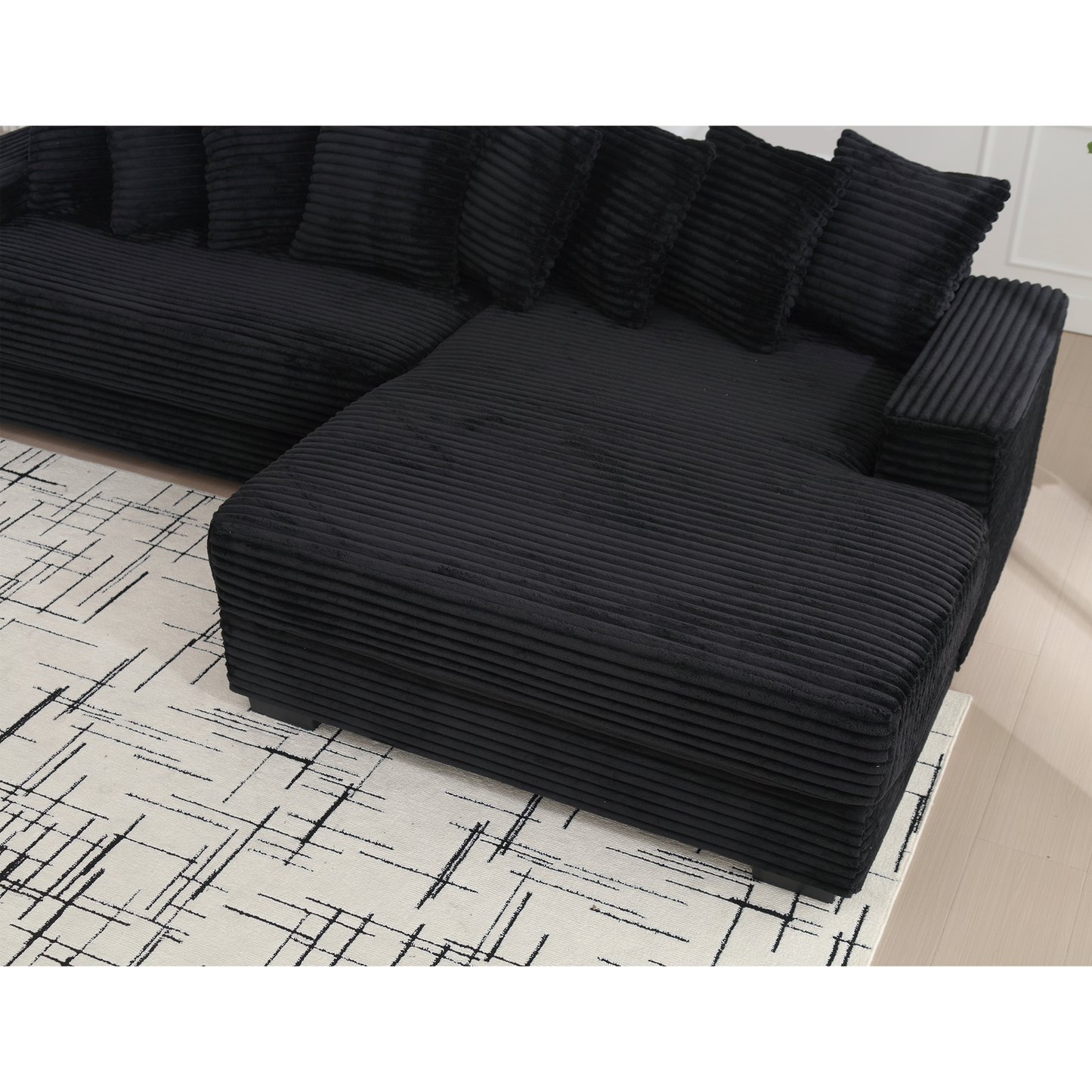 NEW Oversized Black Two-Piece Couch L Shaped Sofa Corduroy Right Chaise Daybed with Armrests Eight Throw Pillows