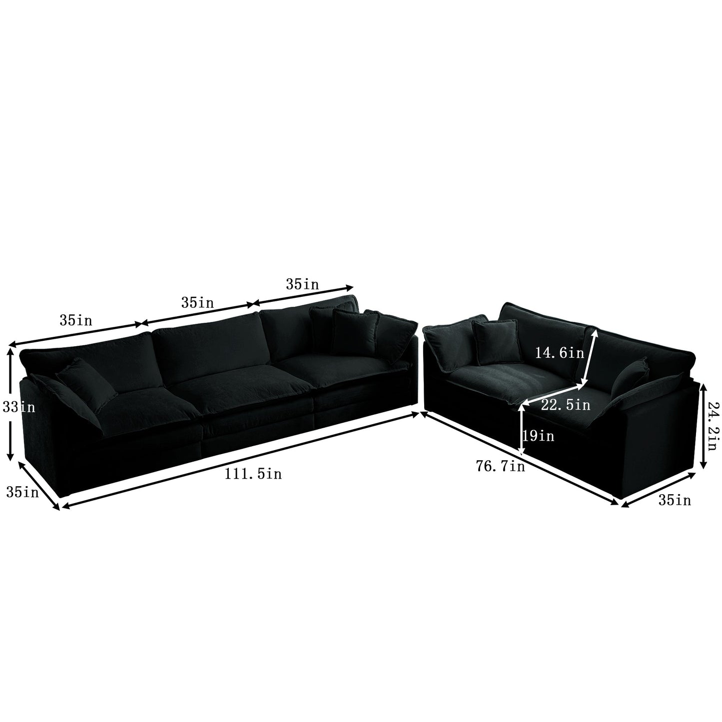 NEW Set of 2 Modern Black Chenille 2+3 Seater Deep Seat Sofa Couch Set