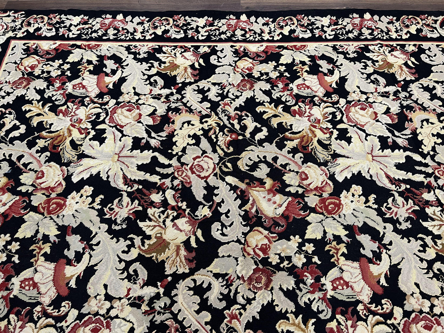 USED Wool Needlepoint Rug 9x12, William Morris Vintage Chinese Needlepoint Carpet 9 x 12, Handwoven, Allover Floral Area Rug, Black Light Green