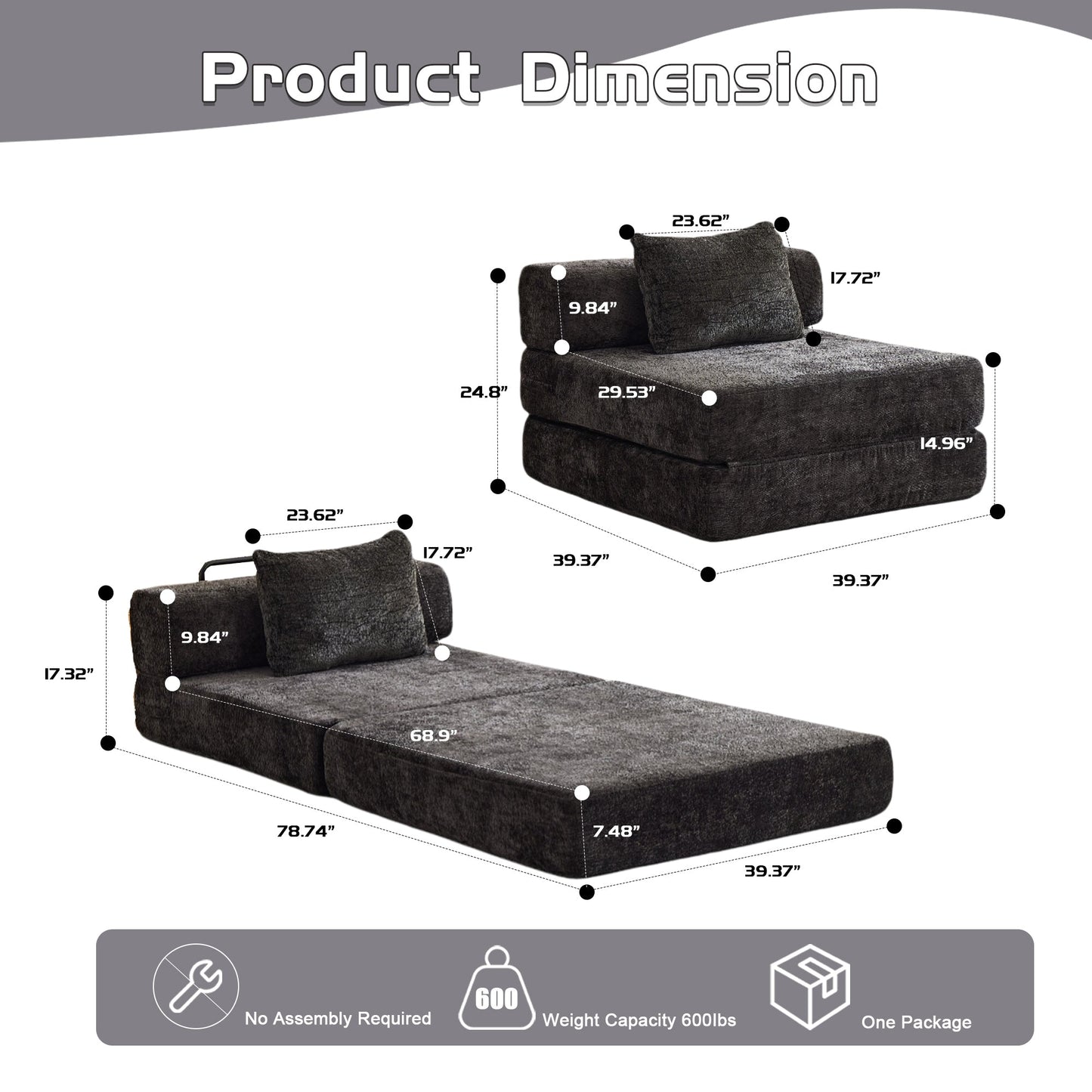 NEW Compression Black Chenille Fabric Convertible Single Seater Boneless Modular Sectional Sofa with Fixed-Shape Frame