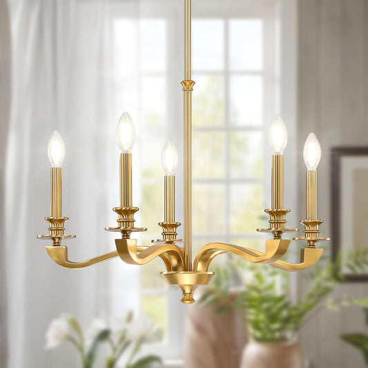NEW Gold 5 Light Chandelier 25.5 Inch Farmhouse Brass Dining