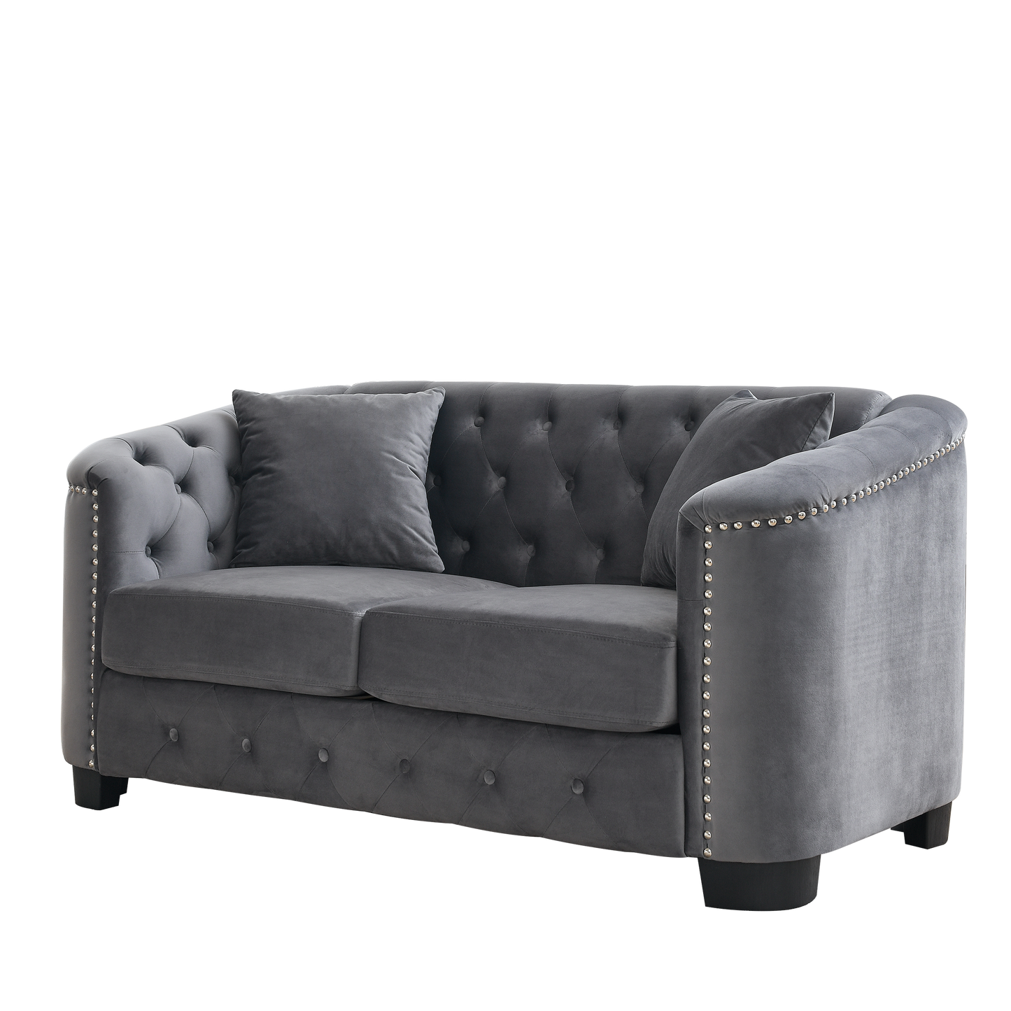 NEW Grey 59-Inch Modern Chesterfield Velvet Sofa 2-Seater Couch Upholstered Tufted Backrests with Nailhead Arms and 2 Cushions