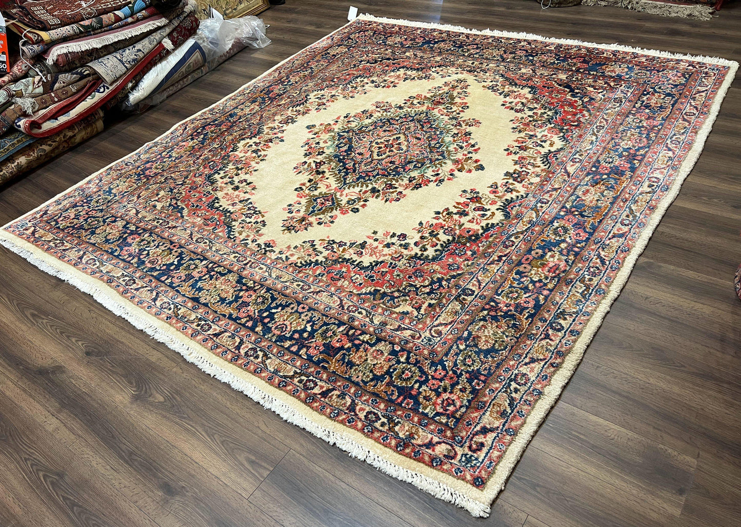 USED Persian Rug 9x10, Hamadan Rug, Antique Oriental Carpet, Wool Rug, Semi Open Field, Cream and Navy Blue, Kirman Design Hand Knotted Almost Square Rug