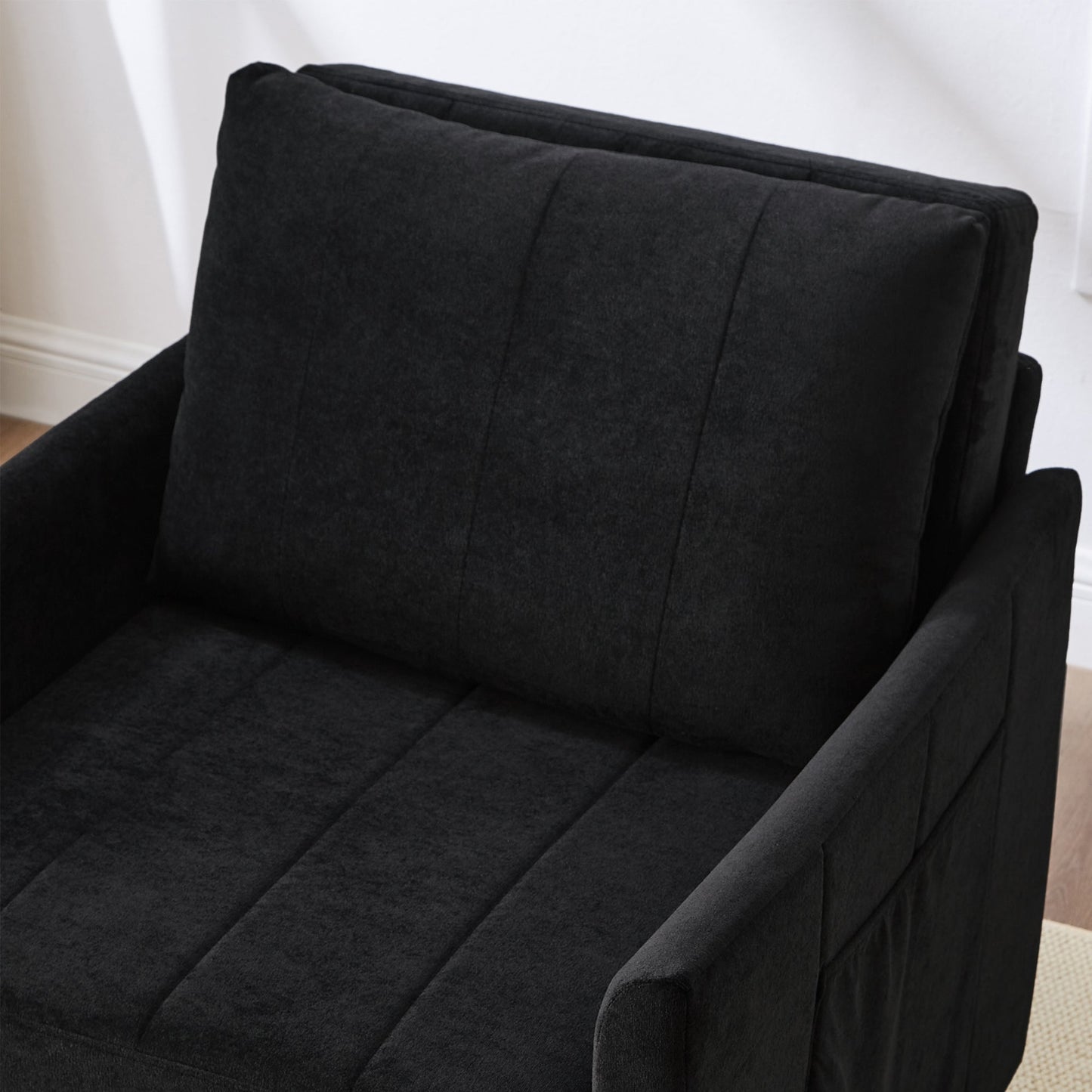 NEW Black Chenille Upholstered Convertible Sleeper Sofa with 5-Position Backrest Side Pockets Storage