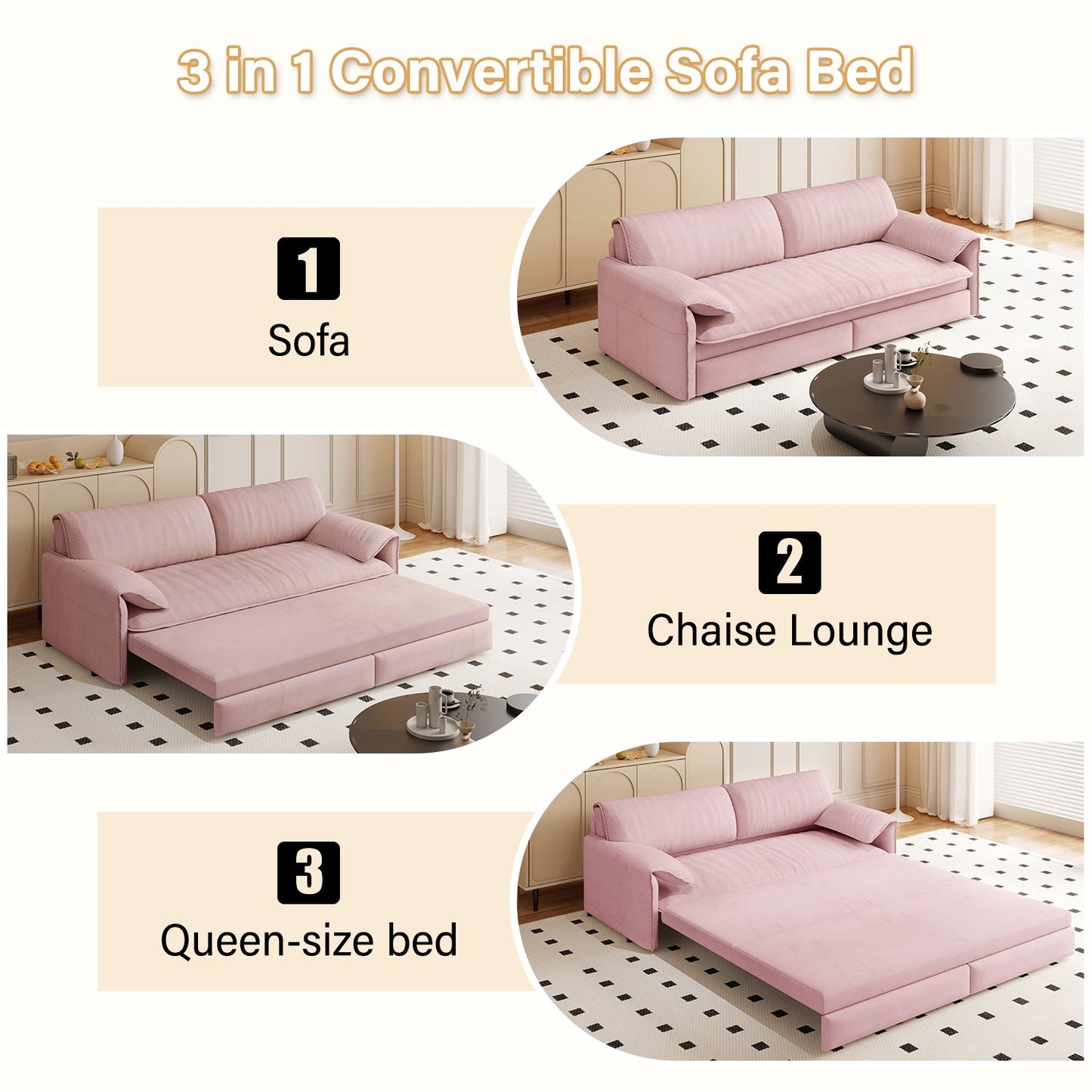 66' Queen Pull Out Sofa Bed, 3-in-1 Convertible Sleeper Sofa with Side Storage,Multi-Functional Velvet Loveseat Bed for Living Room,Bedroom,Apartment,Office(Old Sku:W1885P163513;New Sku:W1885S00226)