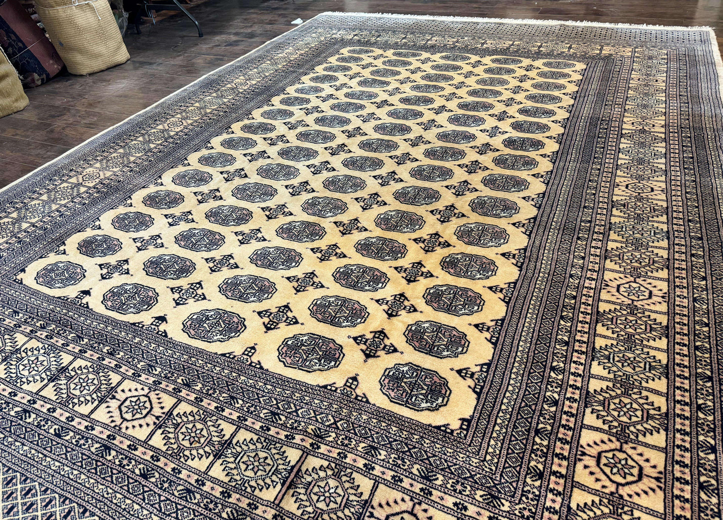 USED Pakistani Bokhara Turkoman Rug 9x11, Cream, Handmade Wool Vintage Carpet