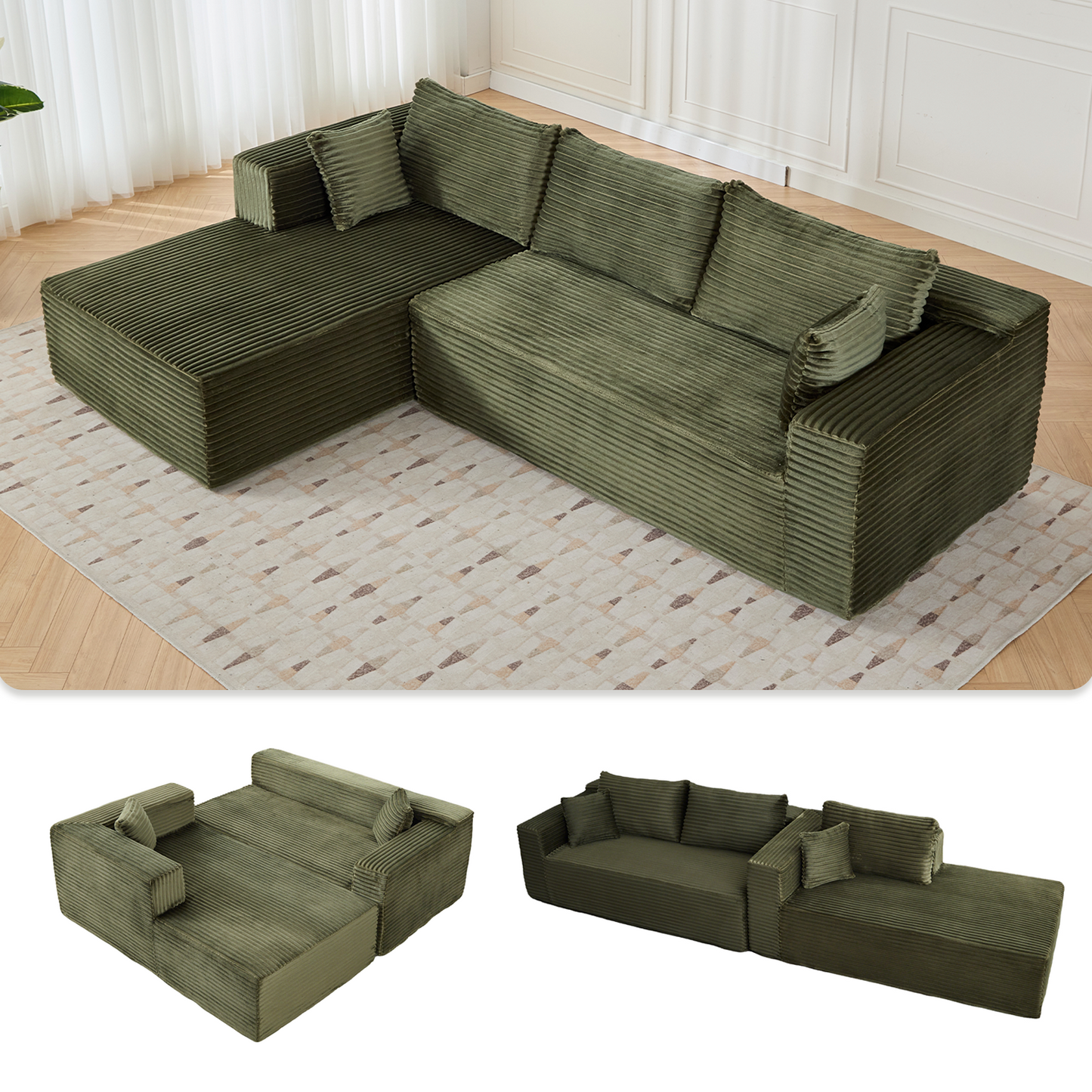 NEW Compression Sectional Couch with Comfy Chaise, Boneless L Shape Sofa with Deep Seat, Minimalist Modular Couches Sleeper for Living Room Bedroom Apartment Lounge,corduroy,Green