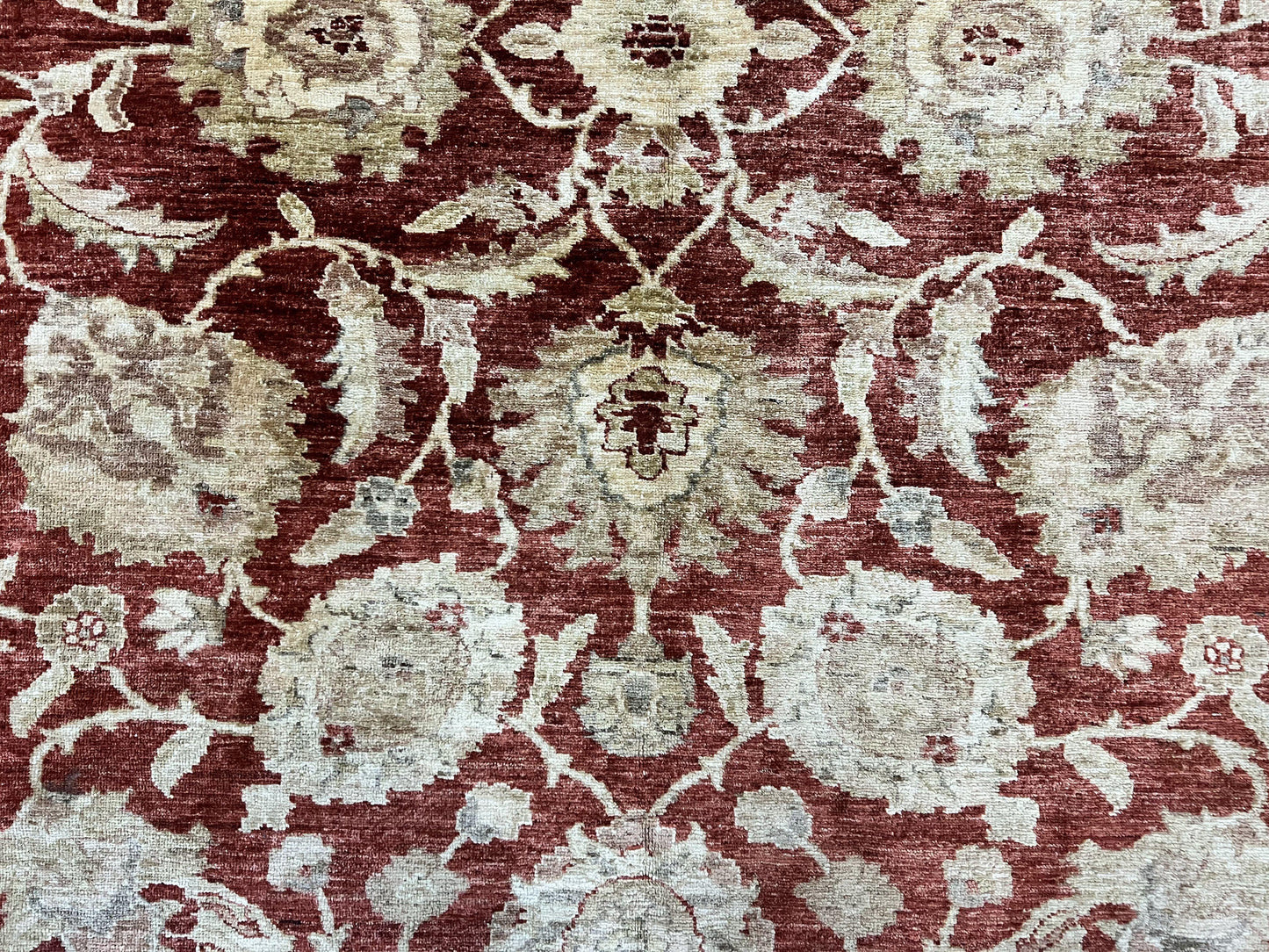 USED Pak Persian Rug 10x14, Sultanabad Mahal Peshawar Chobi Carpet, Large Vintage Wool Oriental Rug, Maroon & Beige, Floral Allover, Handmade