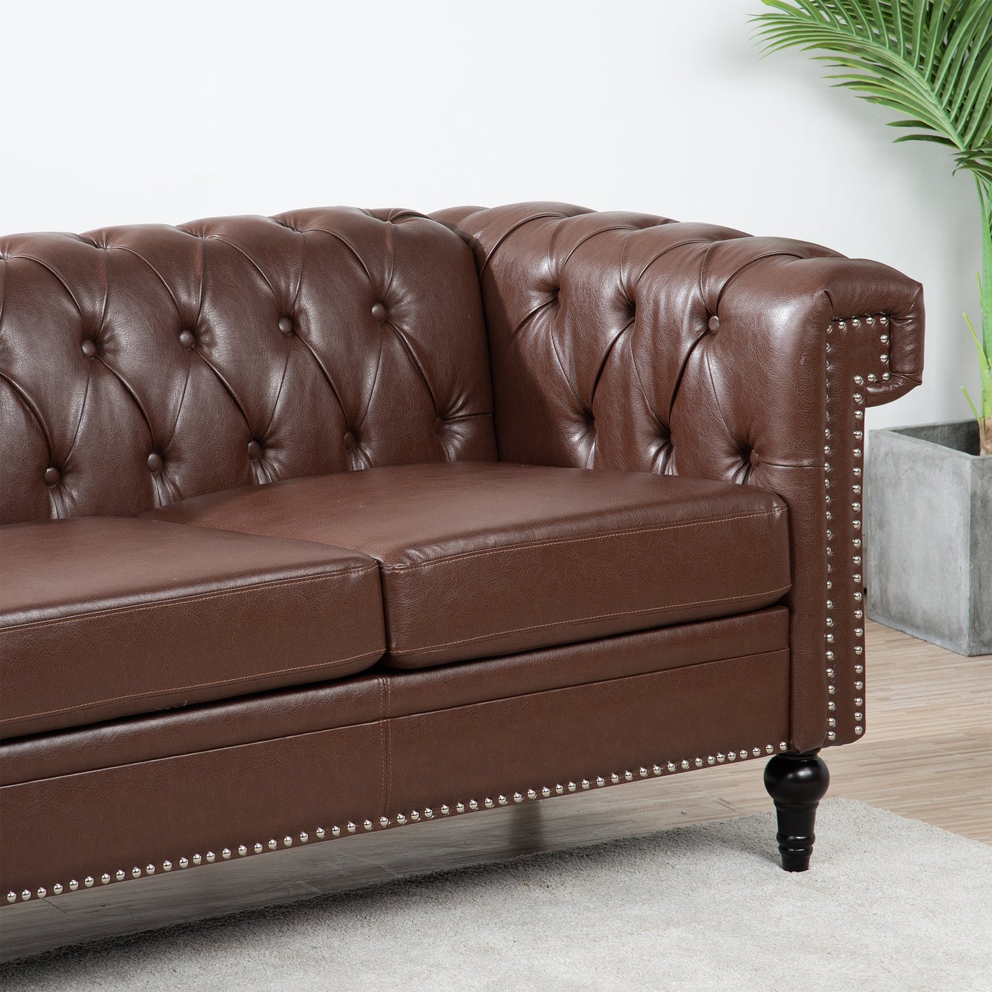 NEW Traditional Dark Brown 3 Seater Sofa with Removable Cushions and Square Arms in PU Material
