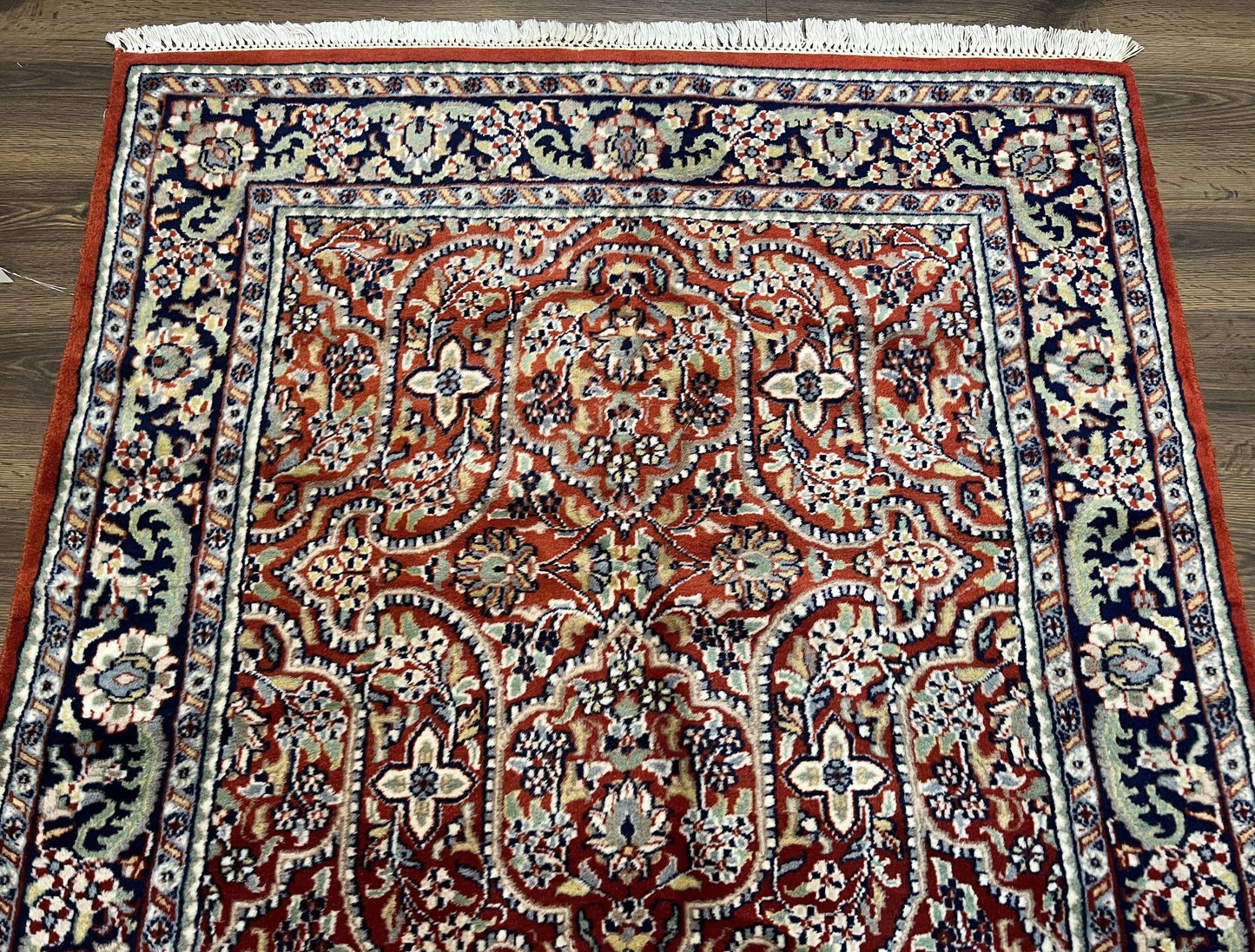 USED Indo Persian Rug 4x7, Allover Floral Oriental Carpet, Red and Navy Blue, Hand Knotted Indian Kashmiri Traditional Vintage Area Rug 4 x 7 ft