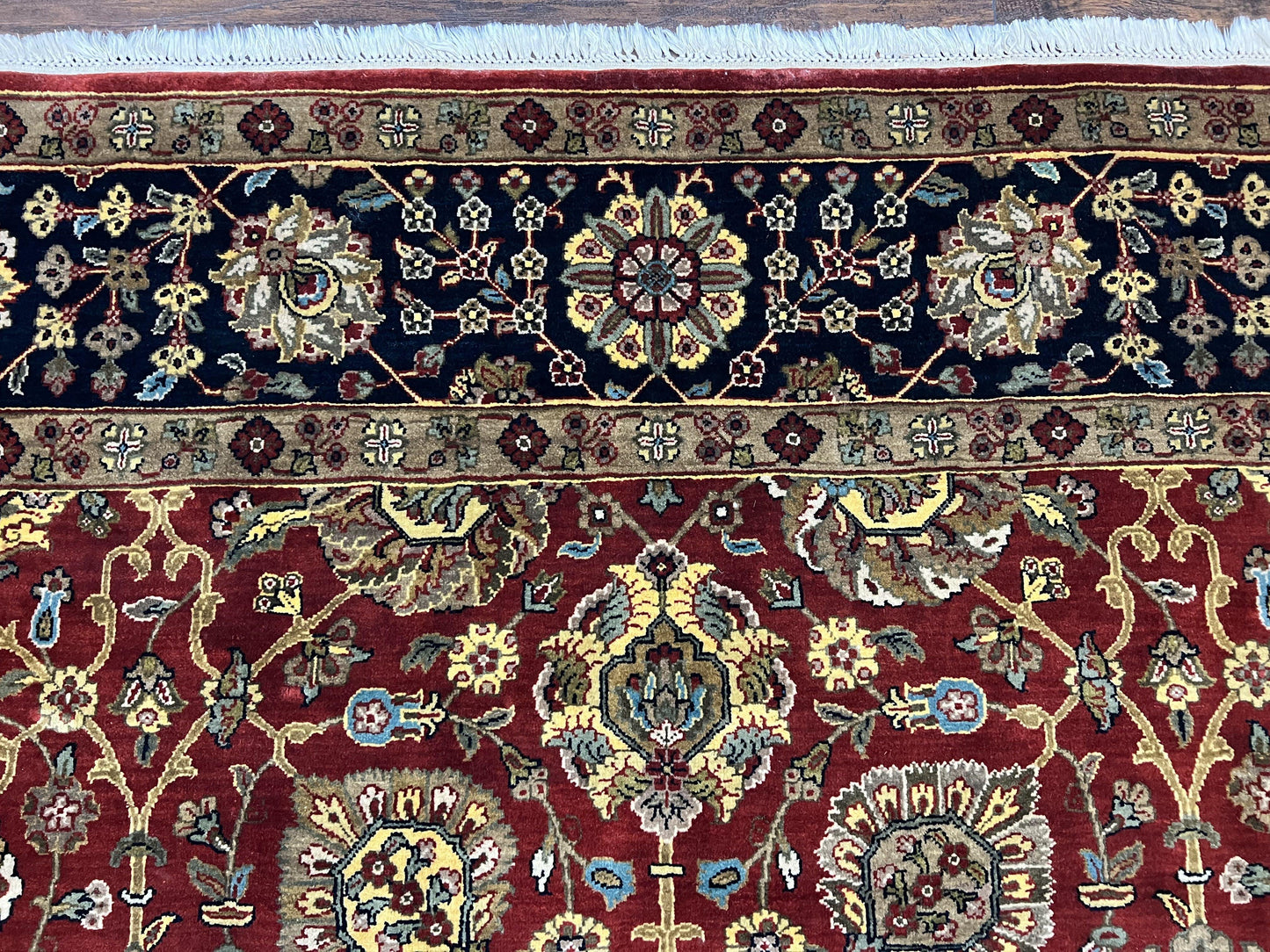 USED Indo Persian Rug 9x12, Hand Knotted Traditional Indian Wool Oriental Carpet 9 x 12 ft, Maroon and Navy Blue, Floral Allover 9x12 Vintage Rug