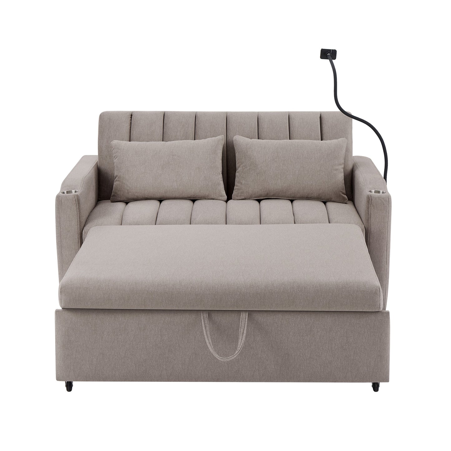 NEW Convertible Sofa Bed Loveseat with USB Ports, Side Pockets, Cup Holders & Swivel Phone Holder, Light Grey Bella Fabric