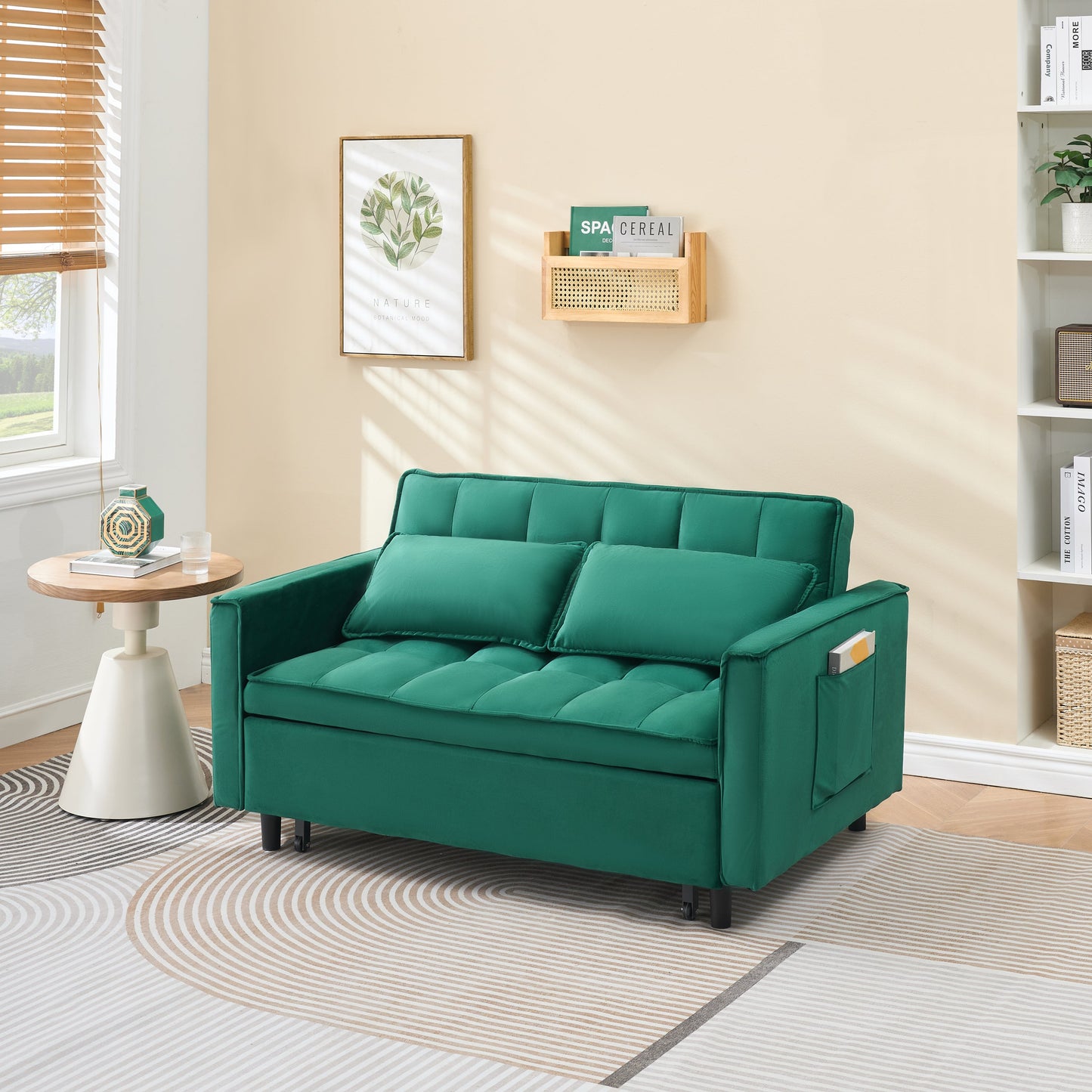 NEW 55-inch Green velvet sofa bed, elegant and convenient, with storage pockets, cleverly interpreting the three-in-one conversion