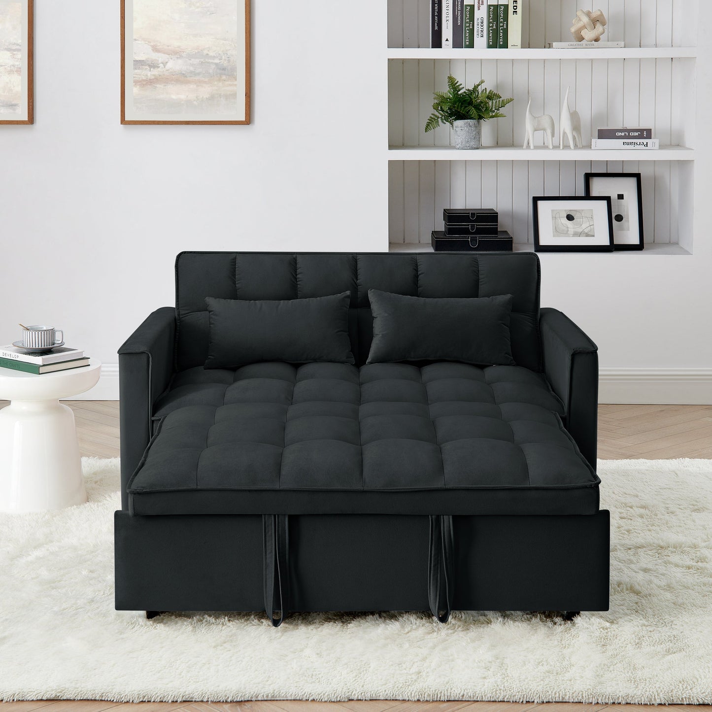 NEW 54.33 inch Versatile Foldable Modern Black Velvet Sofa Pull-out Bed Adjustable Back