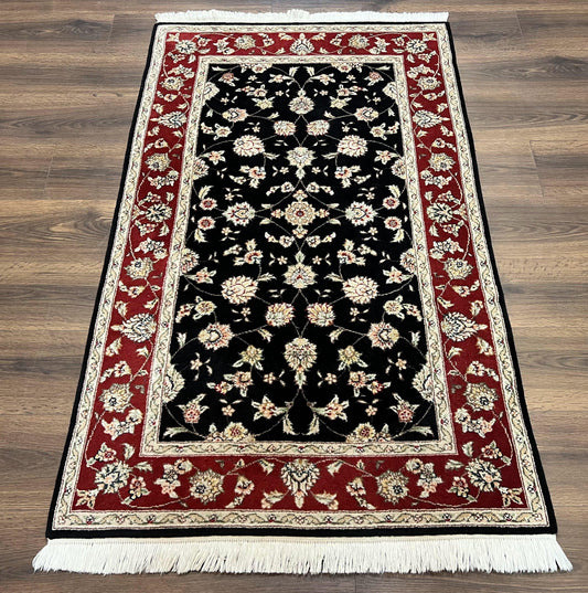 USED Pak Persian Rug 3x5, Black and Red, Floral Allover, Vintage Hand Knotted Wool Oriental Carpet, Pakistani Rug, Small Handmade Area Rug 3 x 5