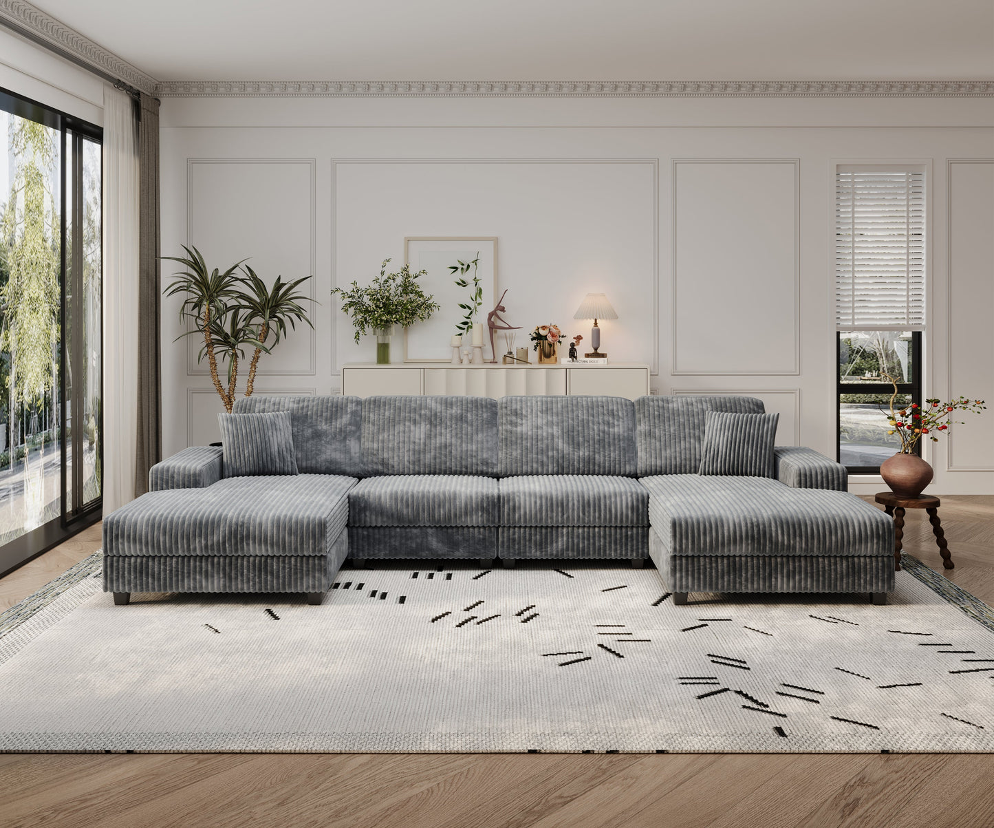 NEW Convertible U-shaped Combination Sofa, Corduroy Fabric, Modern Comfortable Large Size 4 Seat Sofa, Living Room Double Lounge Chair , Dark Grey