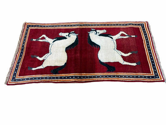 USED 3.5 X 6 Handmade Hand-Knotted New Vintage Rug Quality Wool White Horses Red