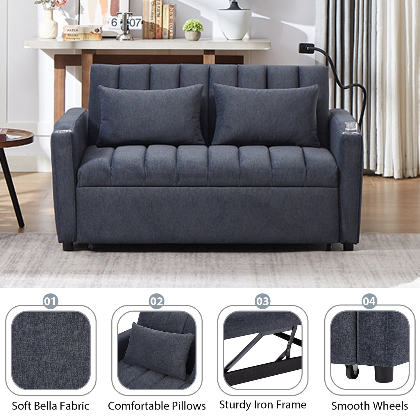 NEW Convertible Sofa Bed Loveseat with USB Ports, Side Pockets, Cup Holders, and Phone Holder in Blue Grey Bella Fabric, 55.9'