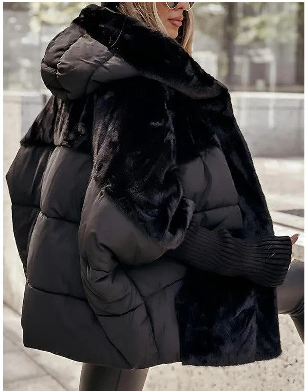 New Women's Loose Cotton Coat Faux Fur Patchwork Winter Coat Comfort Chic Long Sleeve Hooded Jacket