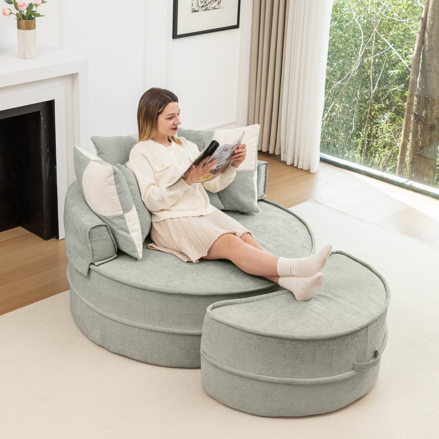 NEW Modern Oversized Blue Round Barrel Accent Chair with Ottoman - Velvet Upholstered Lounge Armchair with 5 Pillows for Living Room or Bedroom