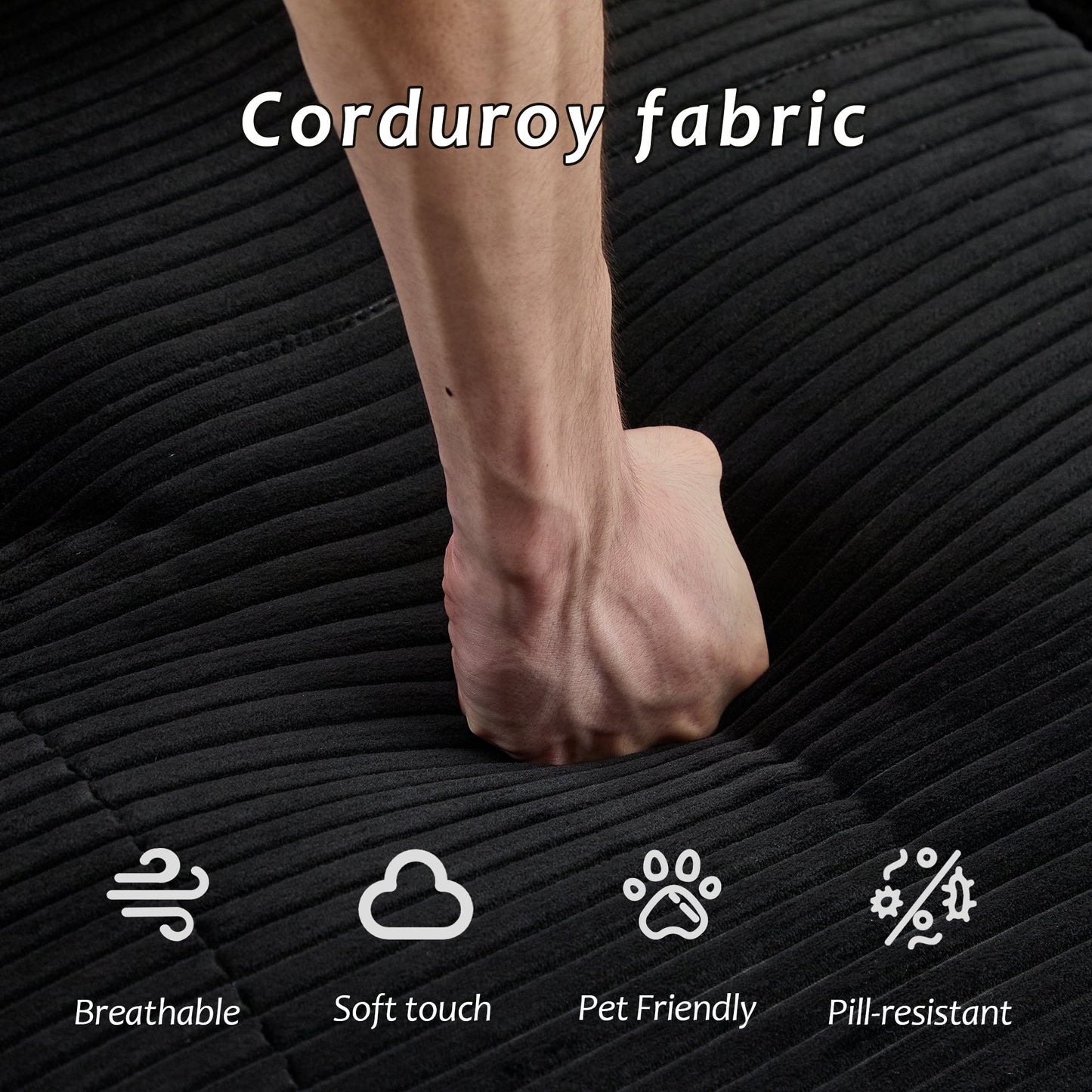 NEW Modern Black Corduroy Fabric Memory Foam Compressed Single Chaise Lounge Cloud Modular Sectional Sofa with Movable Ottoman