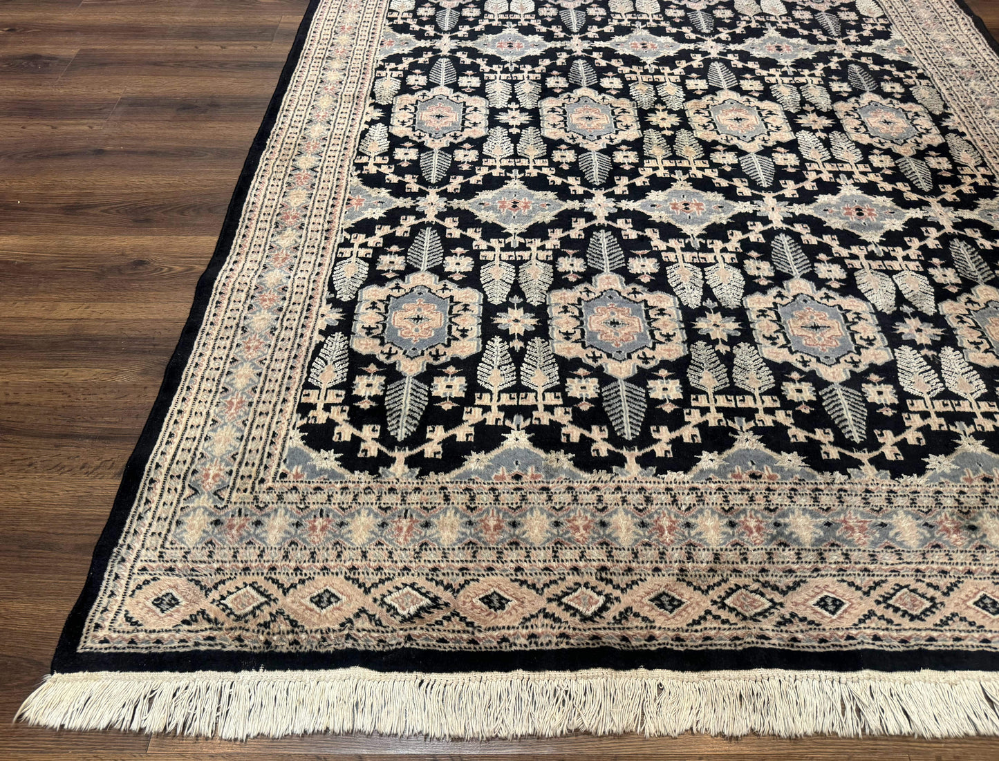 USED Turkoman Bokhara Rug 6x9, Pakistani Carpet, Black, Hand Knotted