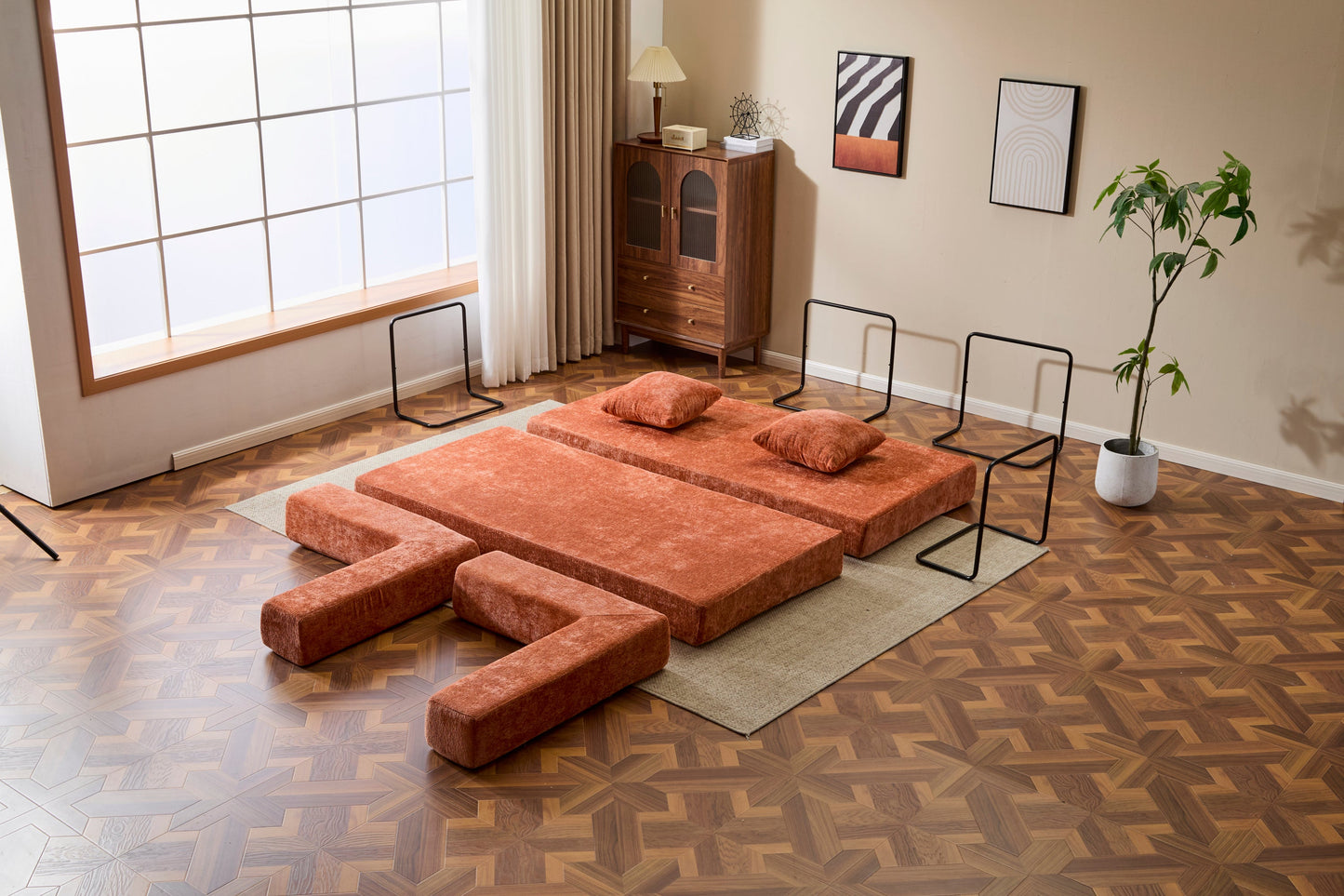 NEW Orange Chenille Fabric Comfy Futon Couch Lounge Sleeper Compression Convertible Floor Sofa Bed Couch with Pillow Back Support Armrest Bed