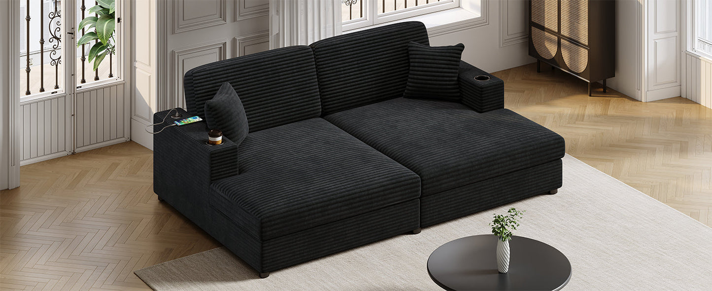 NEW Black Corduroy Oversized Loveseat Chaise Lounge Sectional Sofa Bed with USB Ports Cup Holders and Pillows