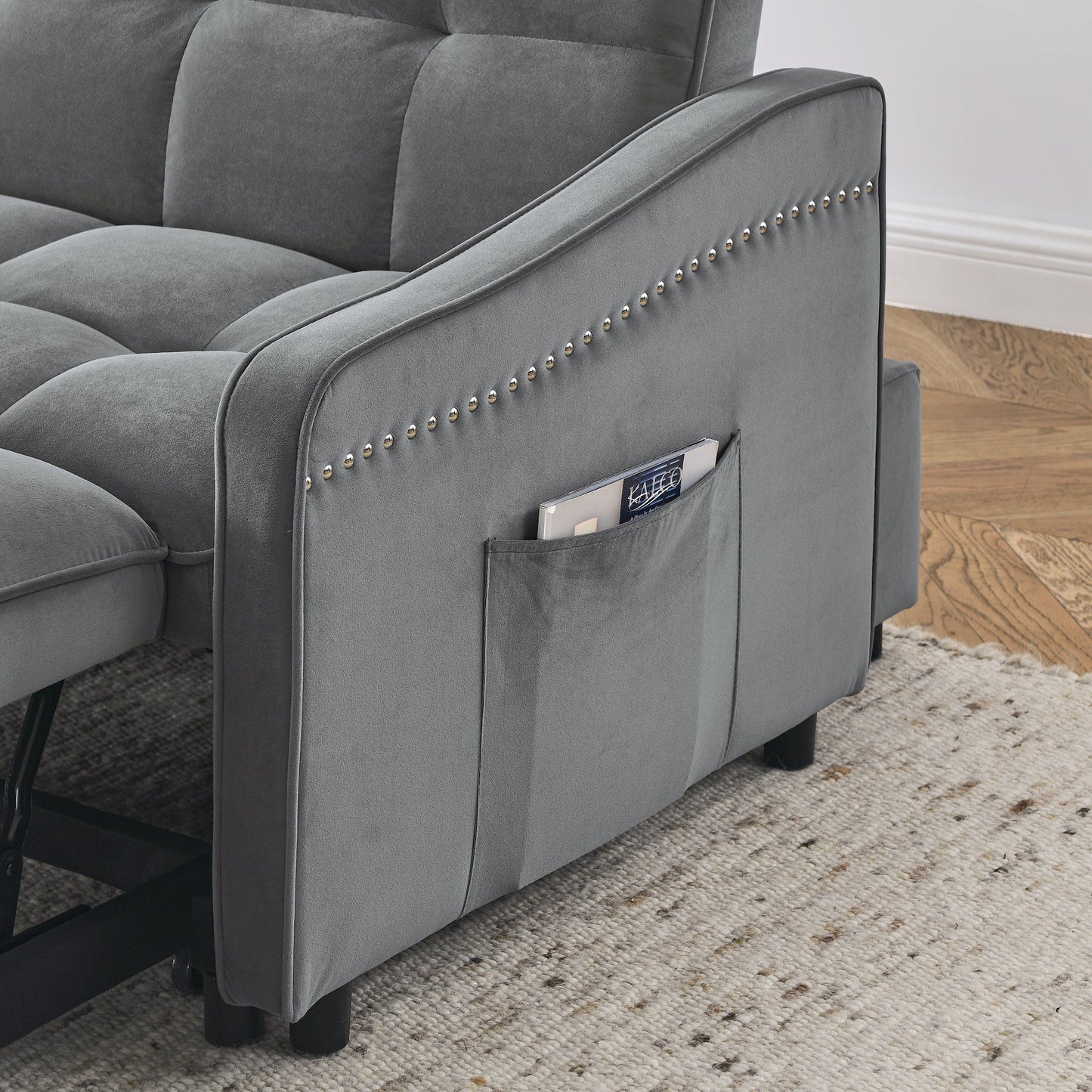 NEW Grey Copper Nail Loveseat Sofa Bed with Pull-out Bed Adjustable Back and Two Arm Pocket TypeC USB Charging