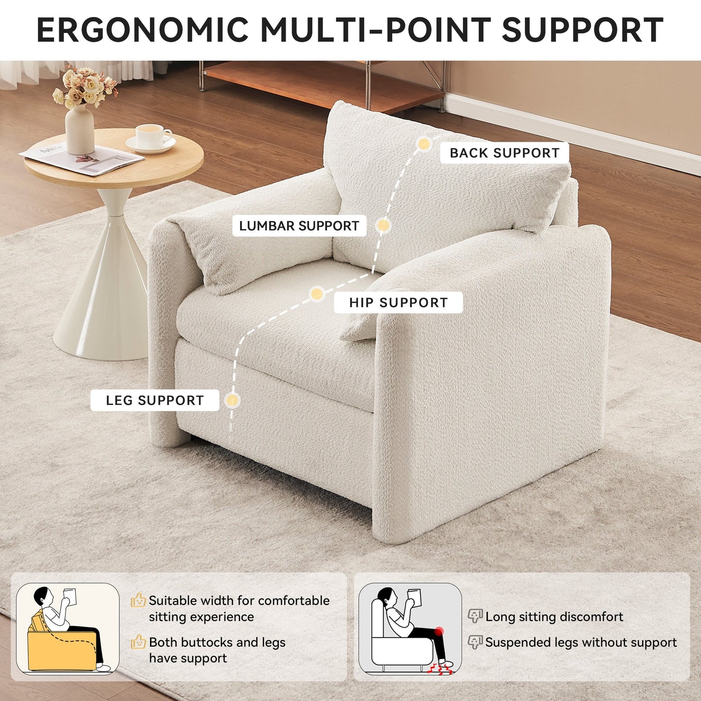 NEW Fixed Modern Ivory White Plush Chenille Lounge Accent Single Seater Armchair Chair with High-Resilience Cushion