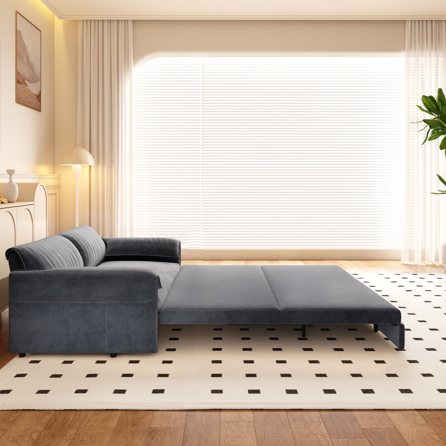 NEW 66' Queen Pull Out 3-in-1 Convertible Sleeper Sofa Bed Multi-Functional Velvet Loveseat with Side Storage