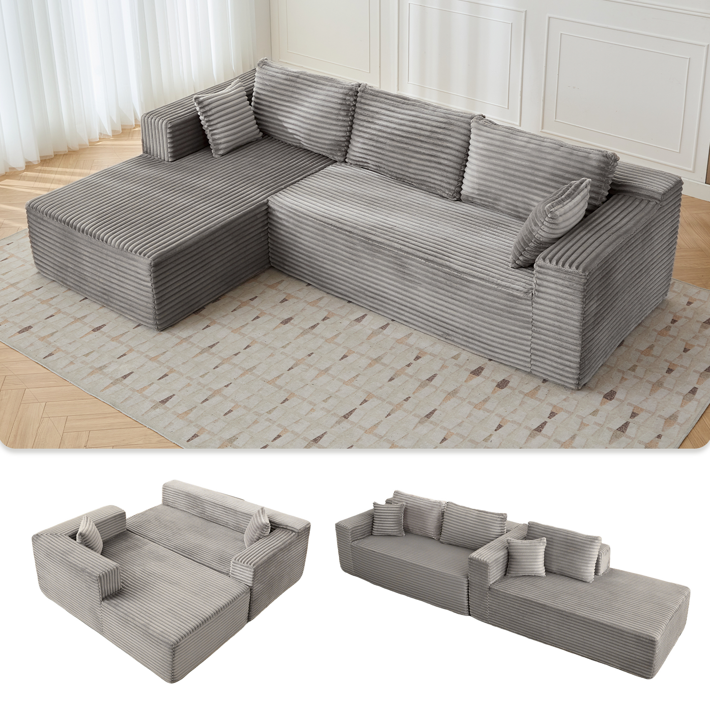 NEW Grey Compression Sectional Couch Boneless L Shape Sofa
