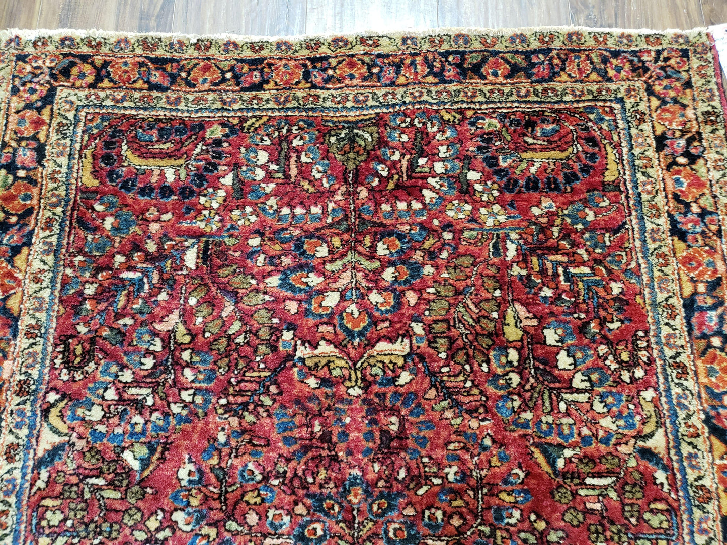 USED Antique Persian Sarouk Rug, Red, Allover Floral Pattern, Hand-Knotted, Wool, 3'4" x 4'10"