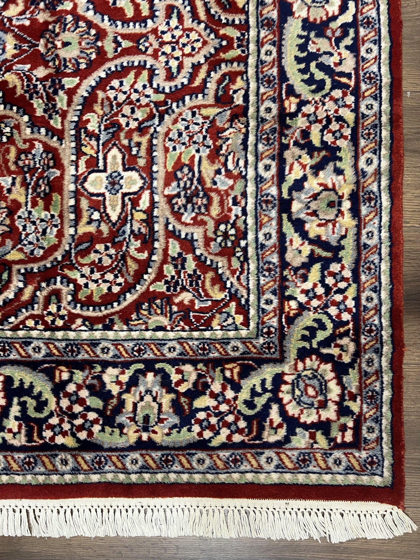 USED Indo Persian Rug 4x7, Allover Floral Oriental Carpet, Red and Navy Blue, Hand Knotted Indian Kashmiri Traditional Vintage Area Rug 4 x 7 ft