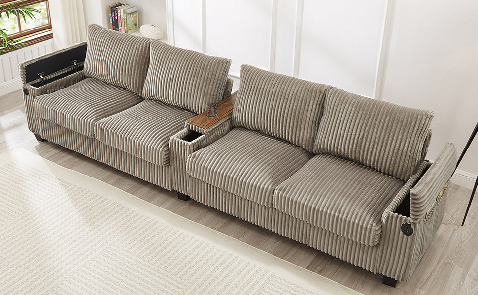 NEW Modern 4-Seater Corduroy Sofa Couch with USB Ports, Hidden Storage Arms, and Flip-Top Cup Holders, Brown, 133 Inches