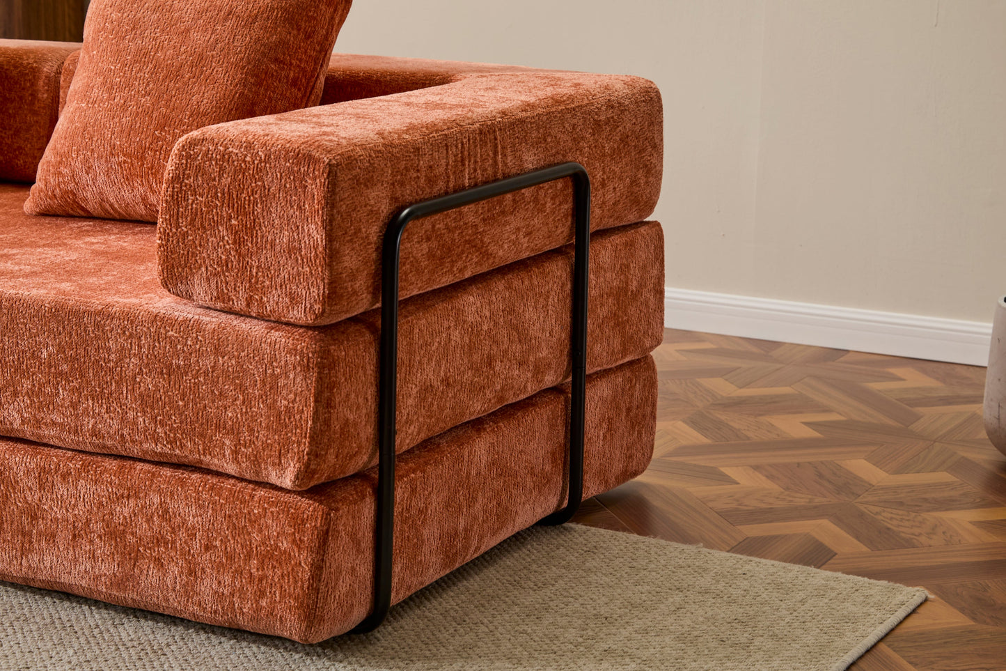 NEW Orange Chenille Fabric Comfy Futon Couch Lounge Sleeper Compression Convertible Floor Sofa Bed Couch with Pillow Back Support Armrest Bed