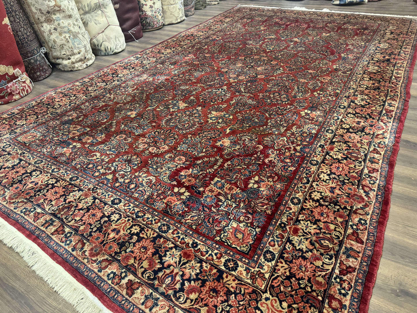 USED Large Persian Sarouk Rug 10x17, Palace Size Antique Persian Carpet, Red, Floral Allover, Traditional Persian Rug, Oversize Handmade Wool Rug