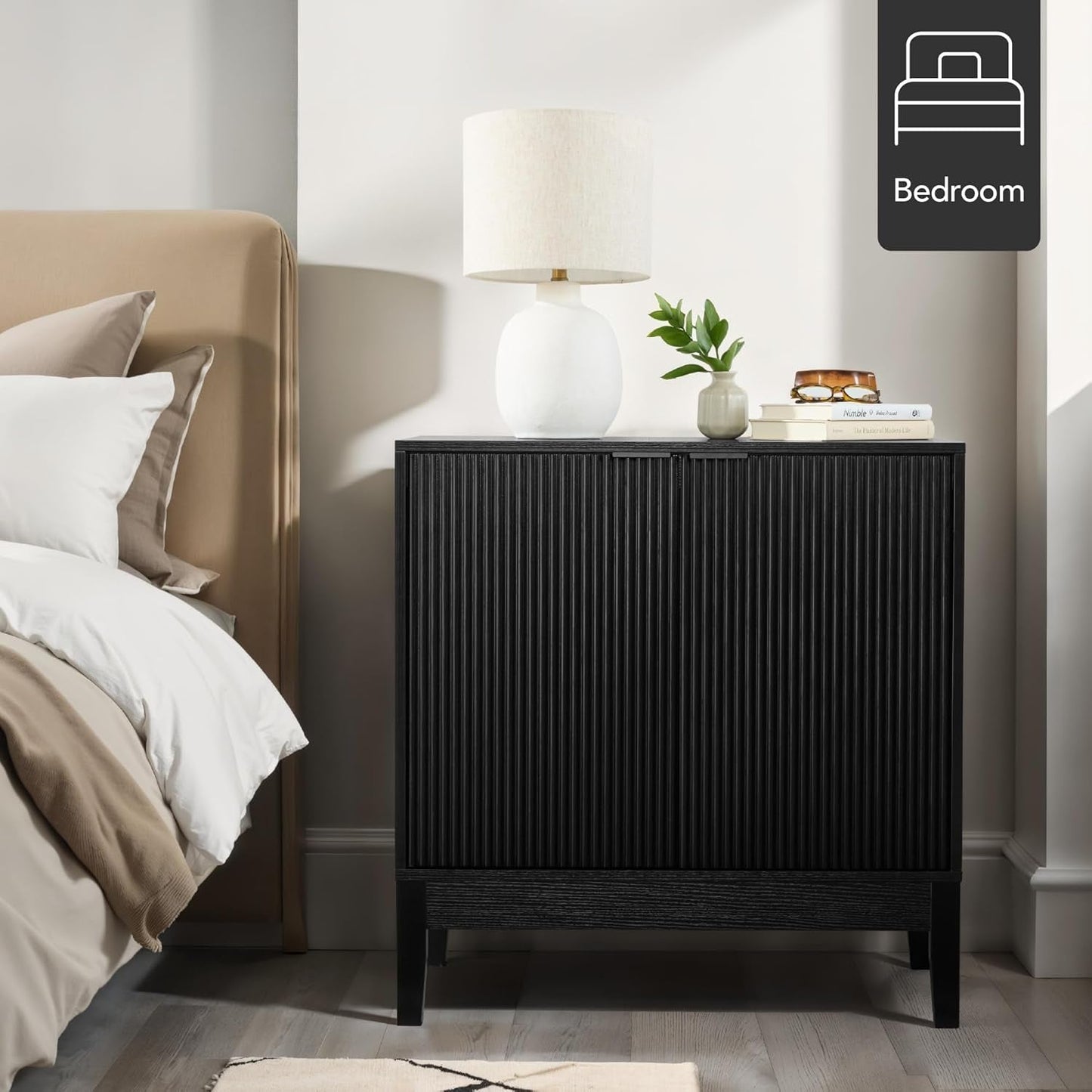 NEW Black Two Door Modern Entryway Storage Cabinet Reeded Doors